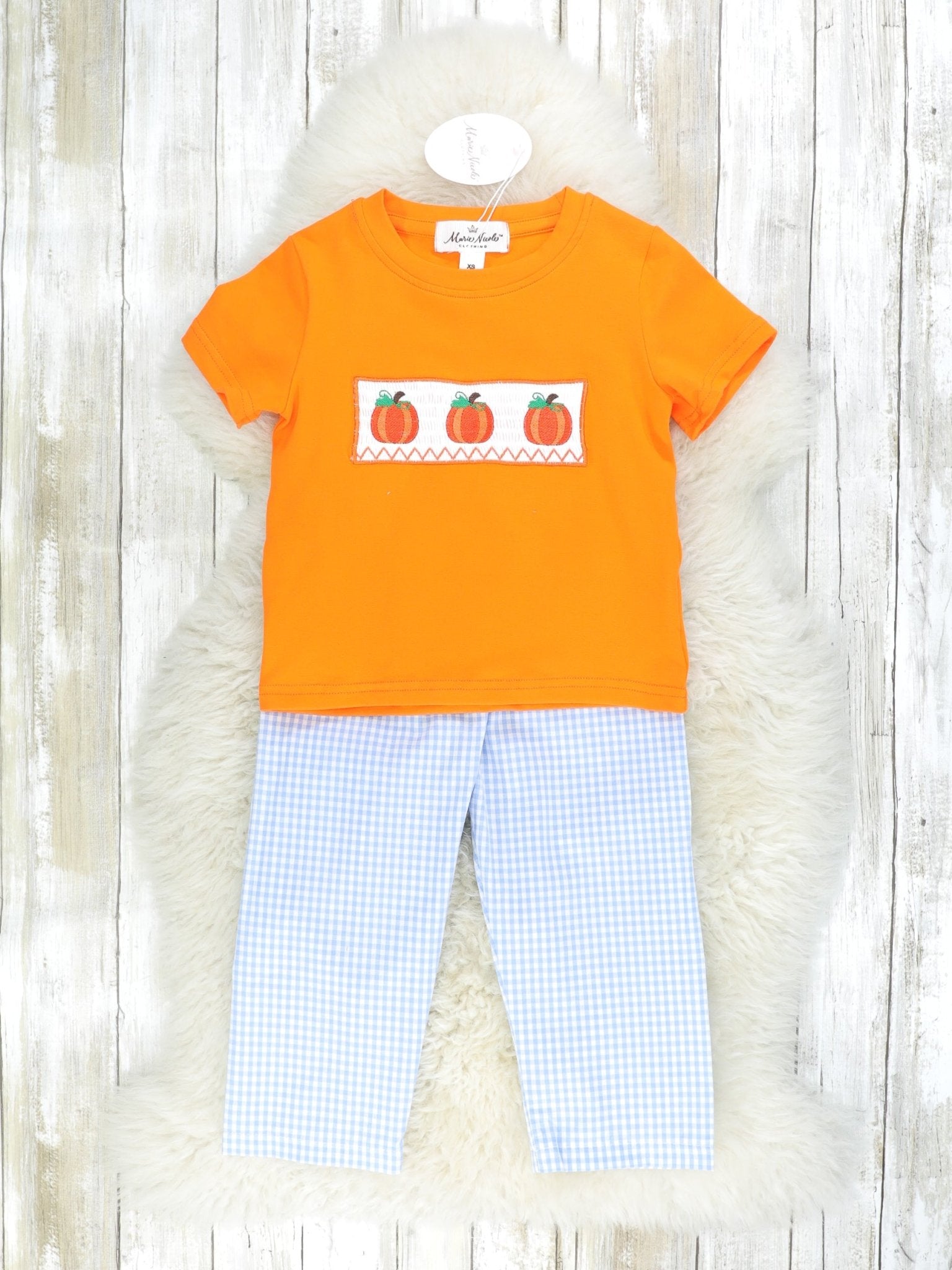 Orange Smocked Pumpkin Top & Checked Bottoms Outfit - Marie Nicole Clothing