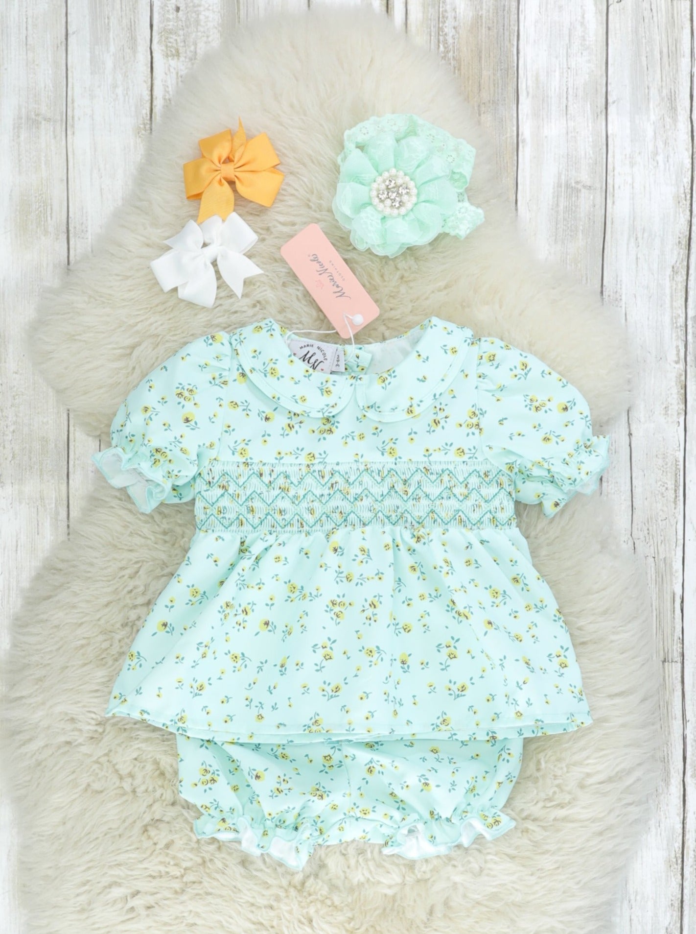 Mint Smocked Floral Top & Bloomers Outfit - Marie Nicole Clothing