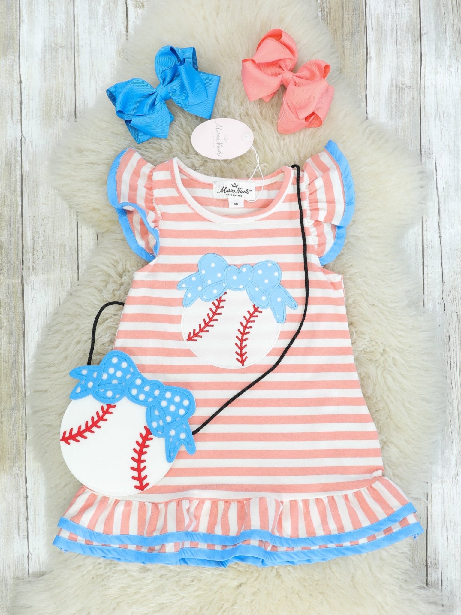 Peach Striped Ruffle Baseball Dress & Purse Set - Marie Nicole Clothing