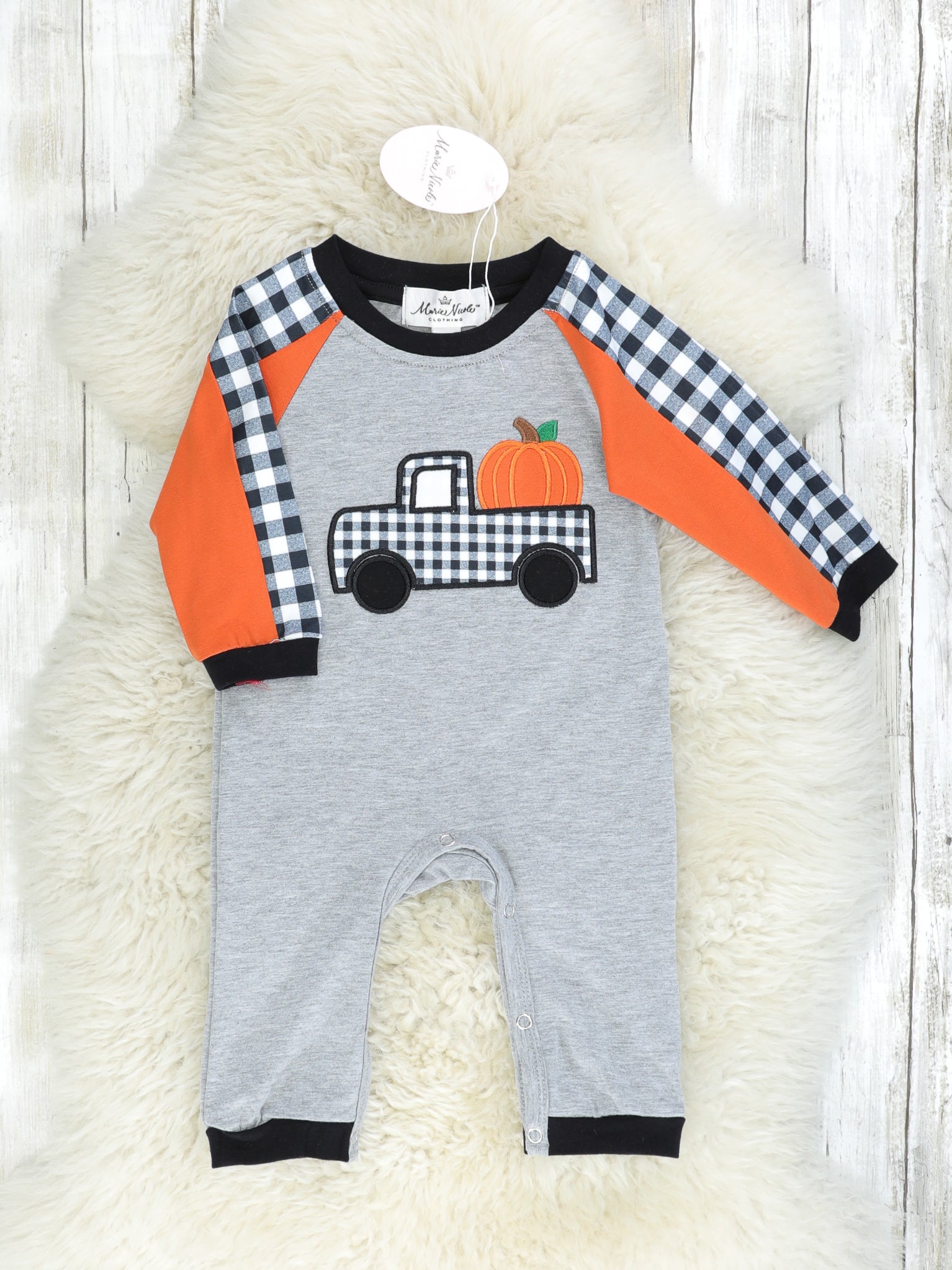 Gingham Pumpkin Truck Romper - Marie Nicole Clothing