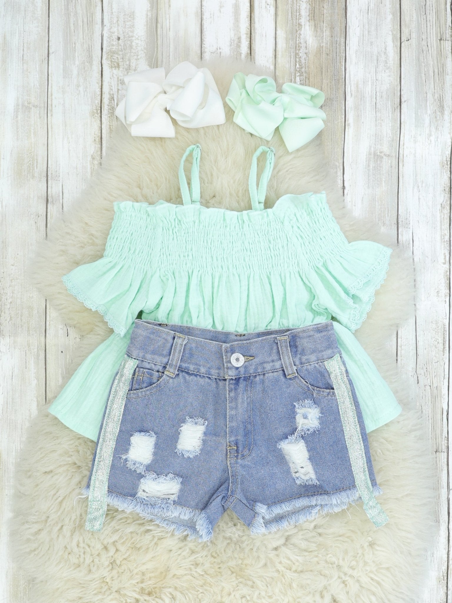 Mint Peplum Top & Distressed Denim Outfit - Marie Nicole Clothing