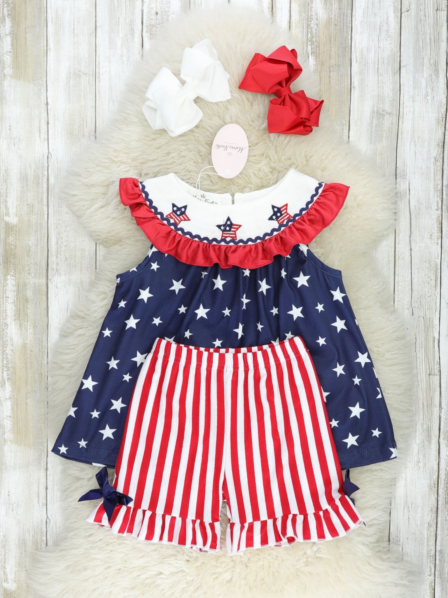 Stars & Stripes Smocked Ruffle Outfit - Marie Nicole Clothing