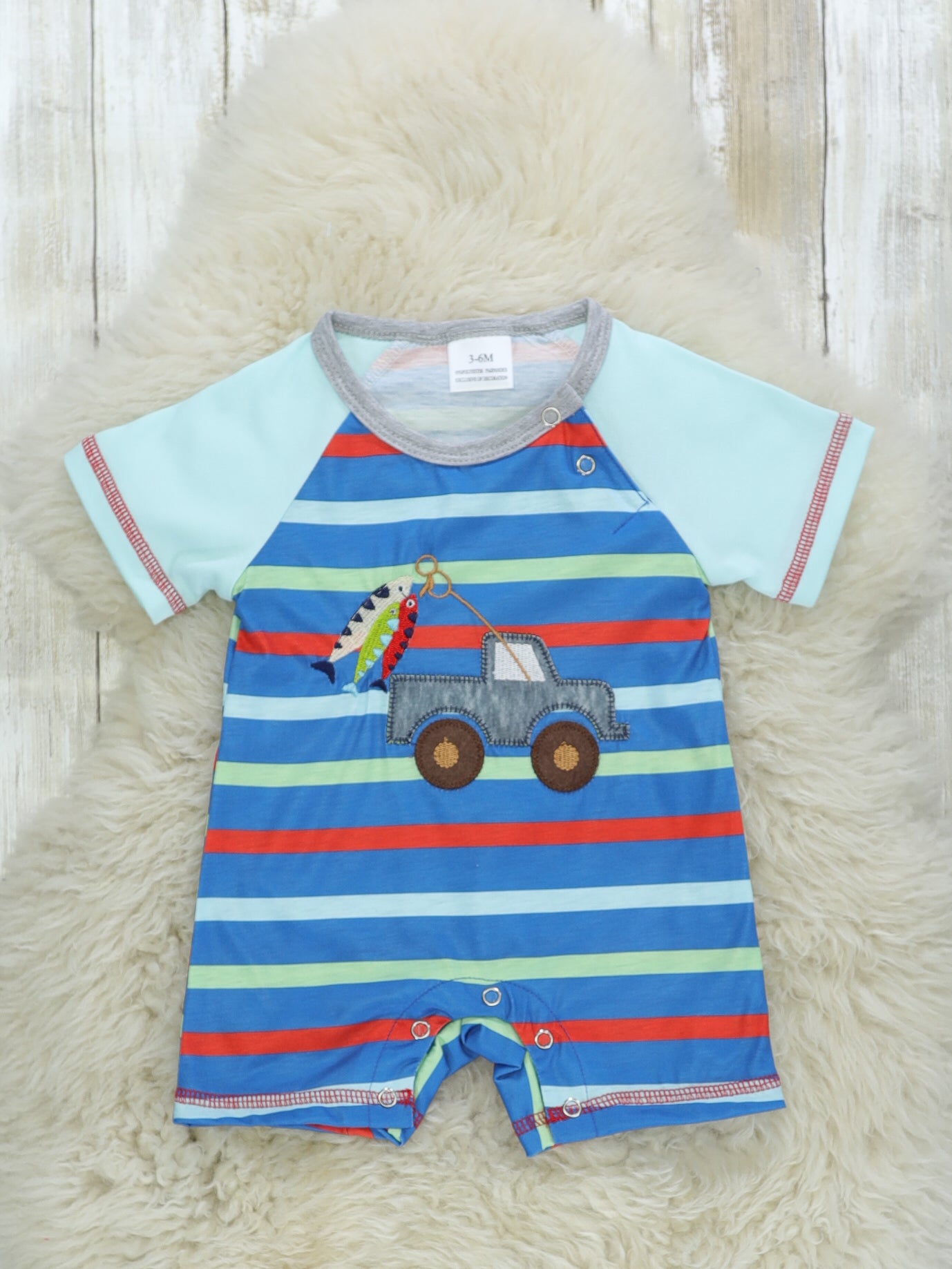Fishing Truck Striped Romper - Marie Nicole Clothing