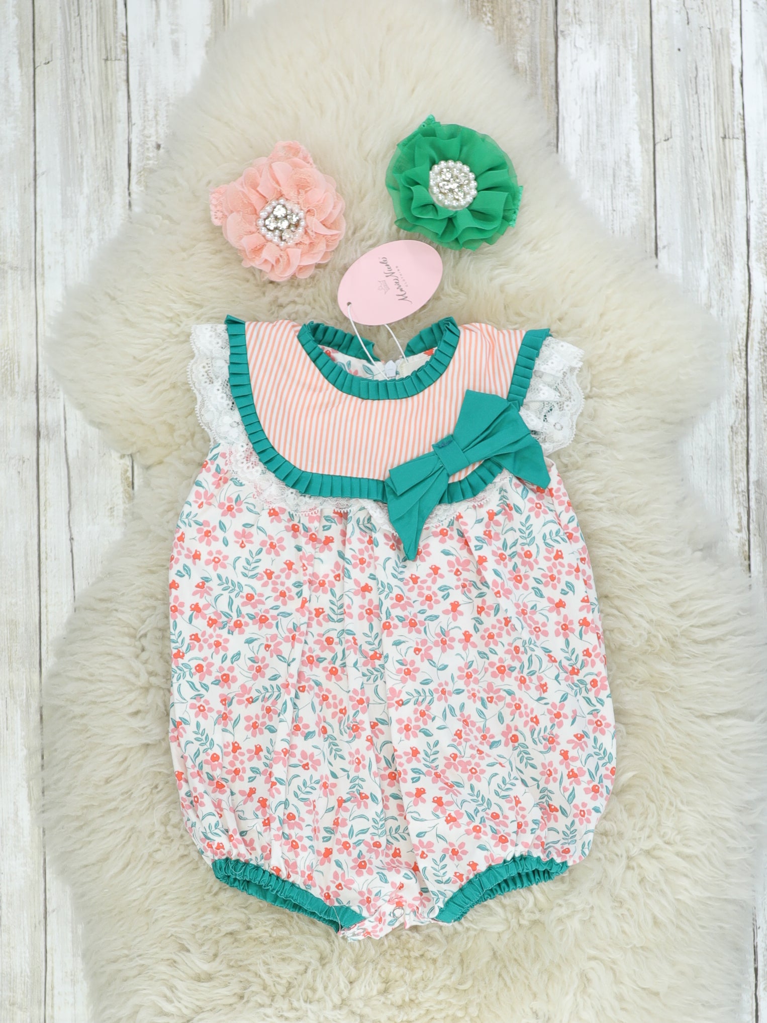 Pink & Green Floral Bow Bubble Romper - Marie Nicole Clothing