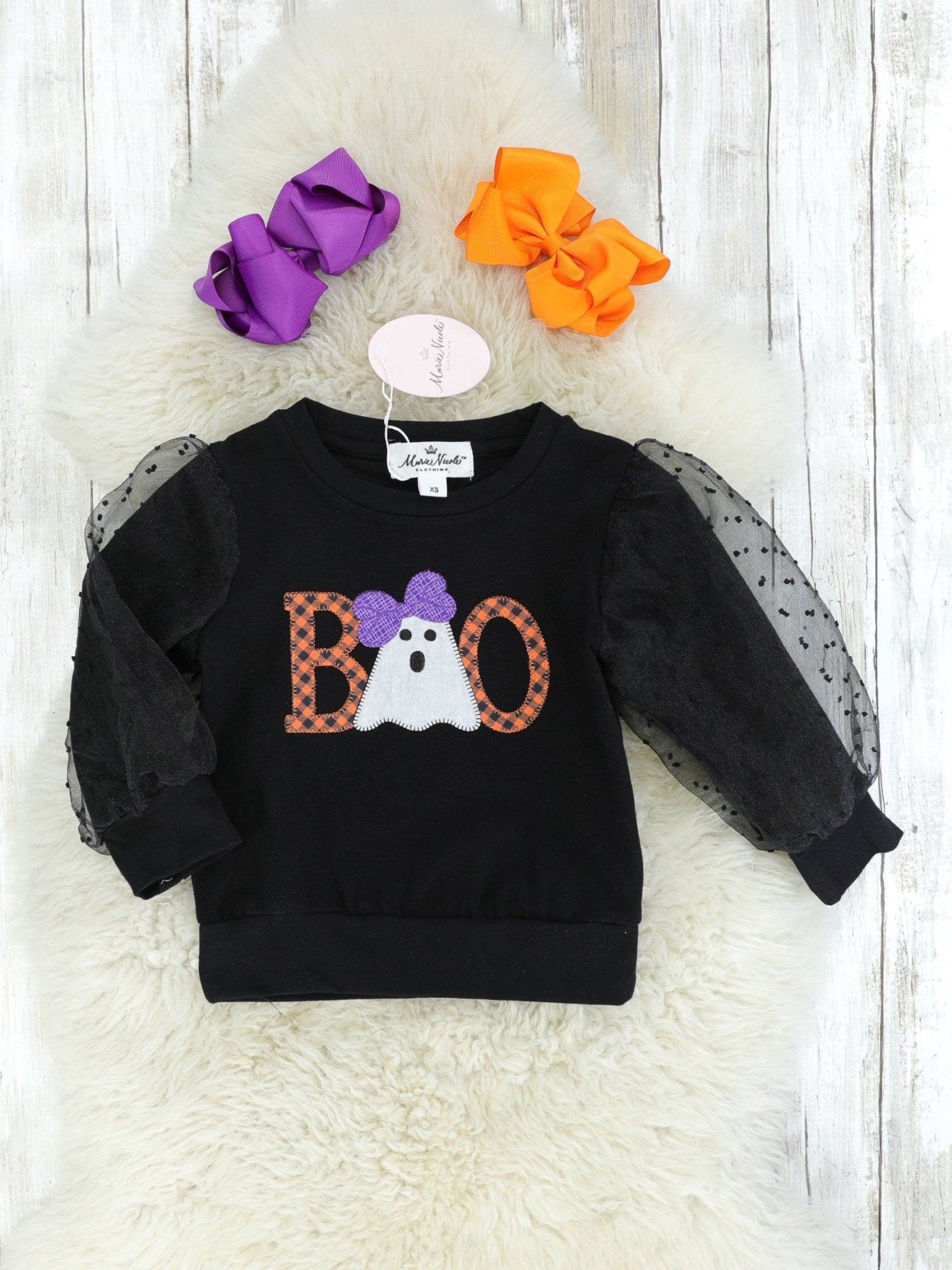 Checked "BOO" Swiss Dot Balloon Sleeve Top - Marie Nicole Clothing