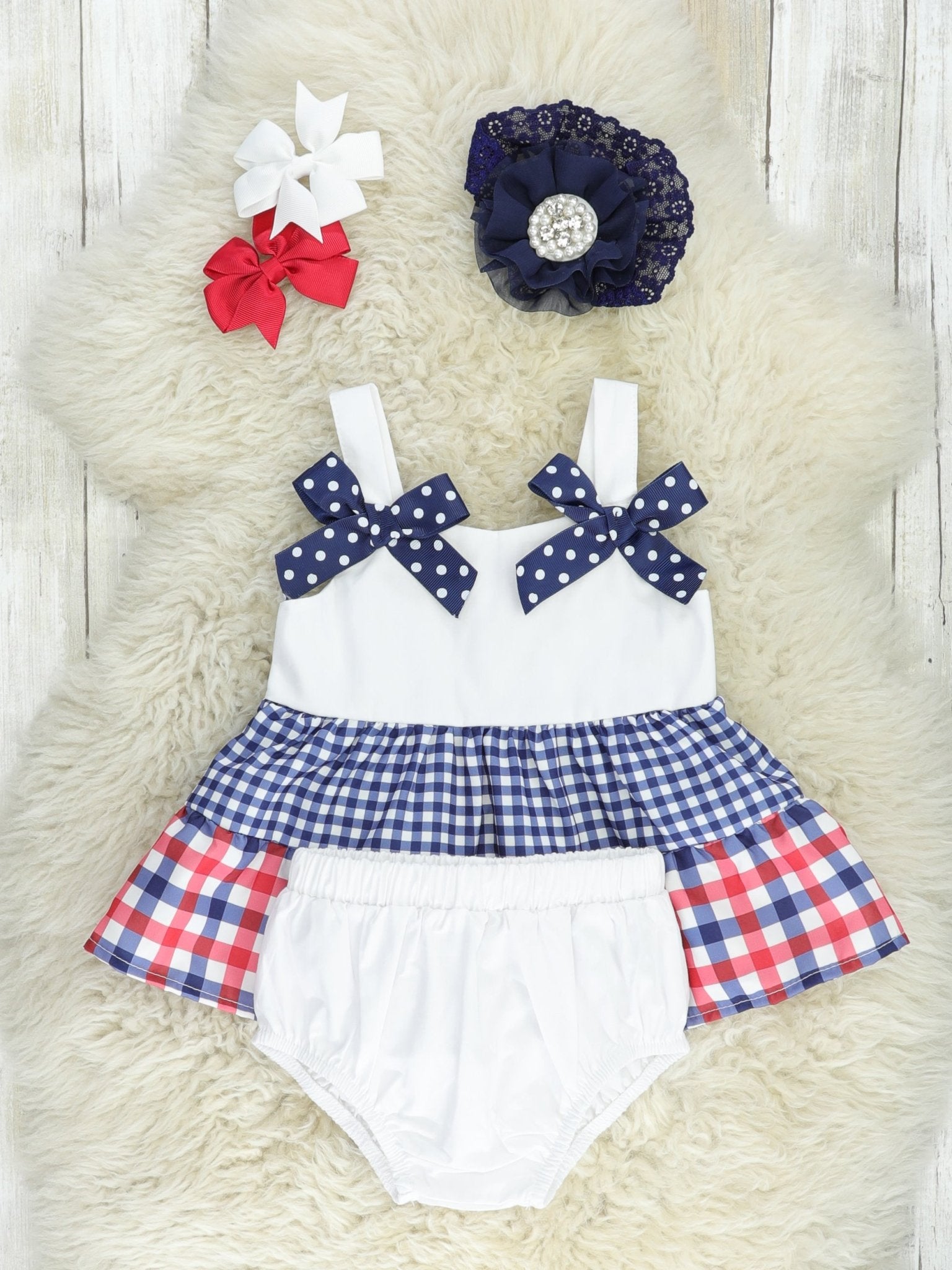 Red & Blue Gingham Bow Bloomers Outfit - Marie Nicole Clothing