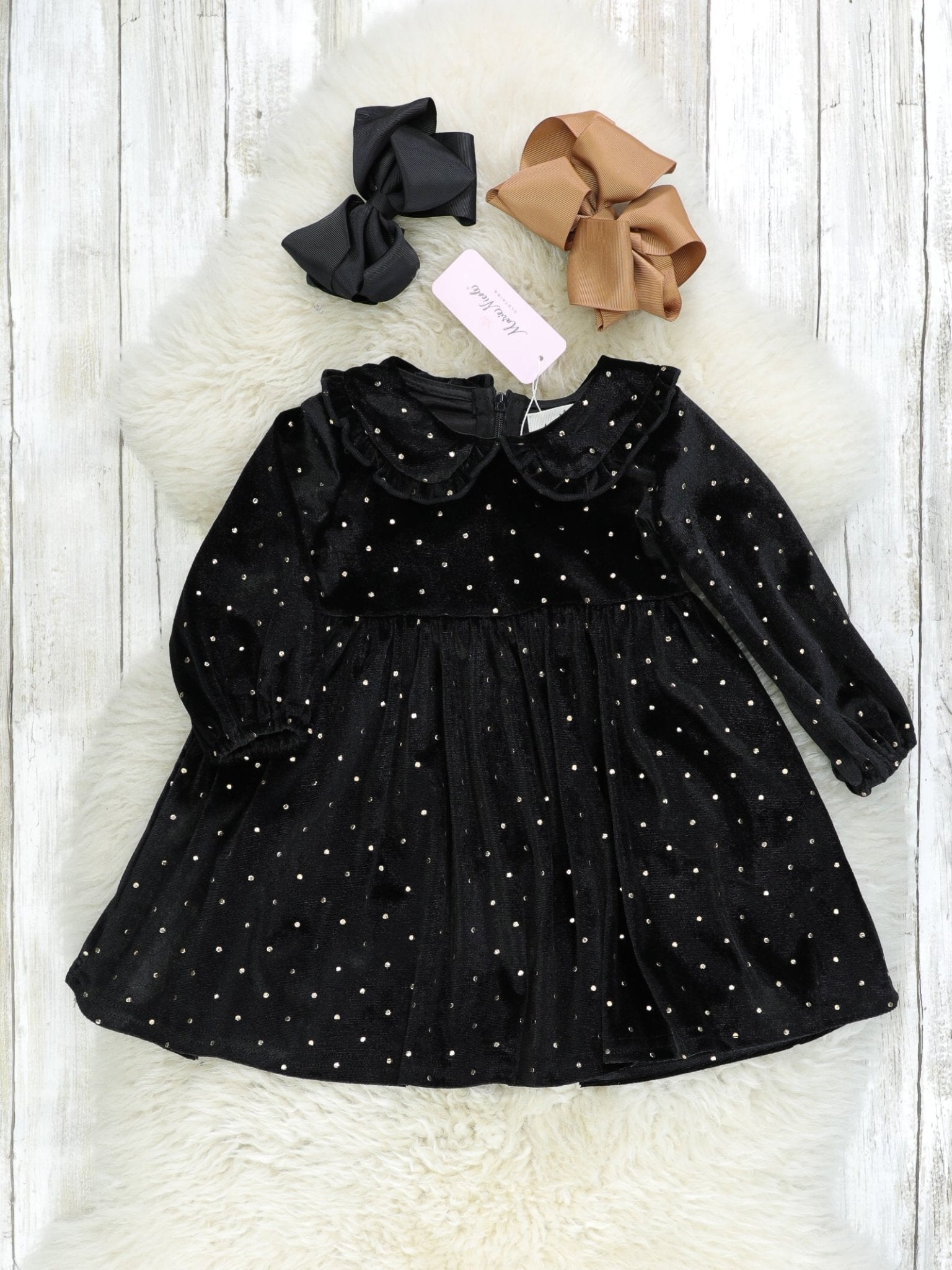 Black Polka Dotted Velvet Ruffle Dress - Marie Nicole Clothing