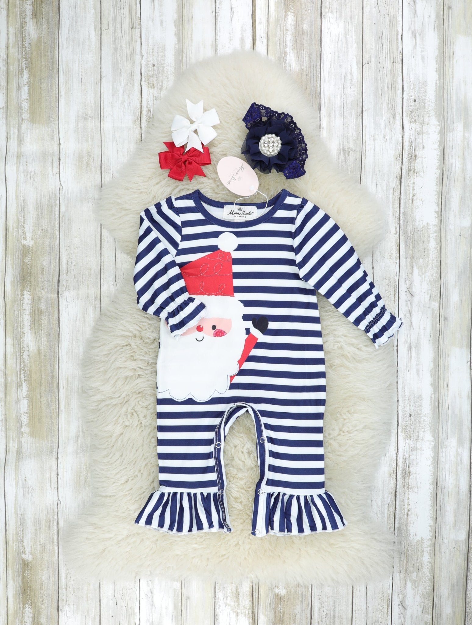 Striped Jolly Santa Ruffle Romper - Marie Nicole Clothing