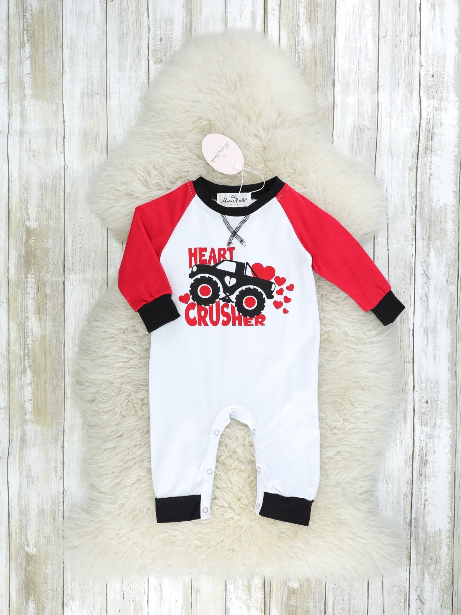 Red "Heart Crusher" Monster Truck Raglan Romper - Marie Nicole Clothing