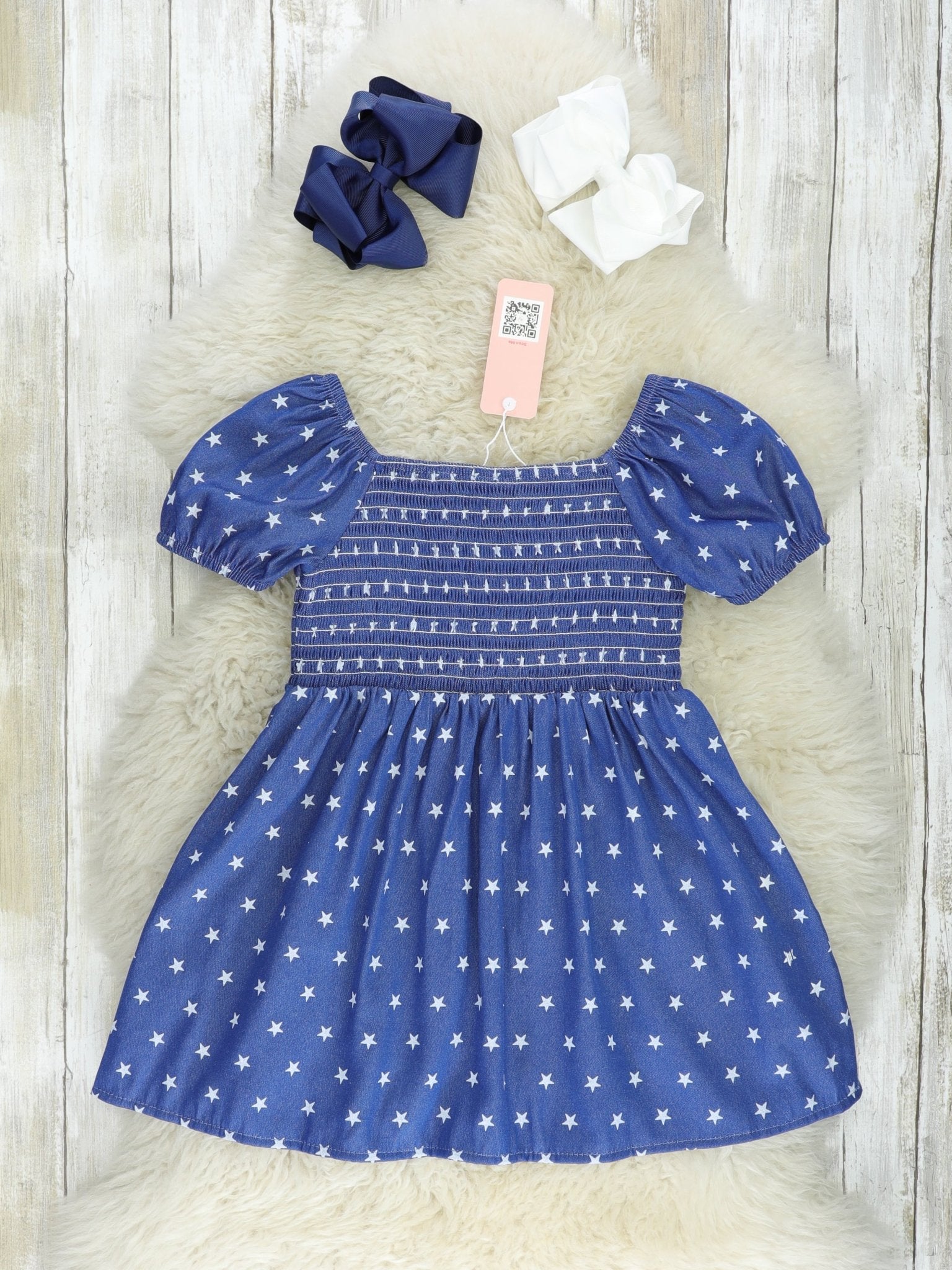 Navy Smocked Little Star Dress - Marie Nicole Clothing