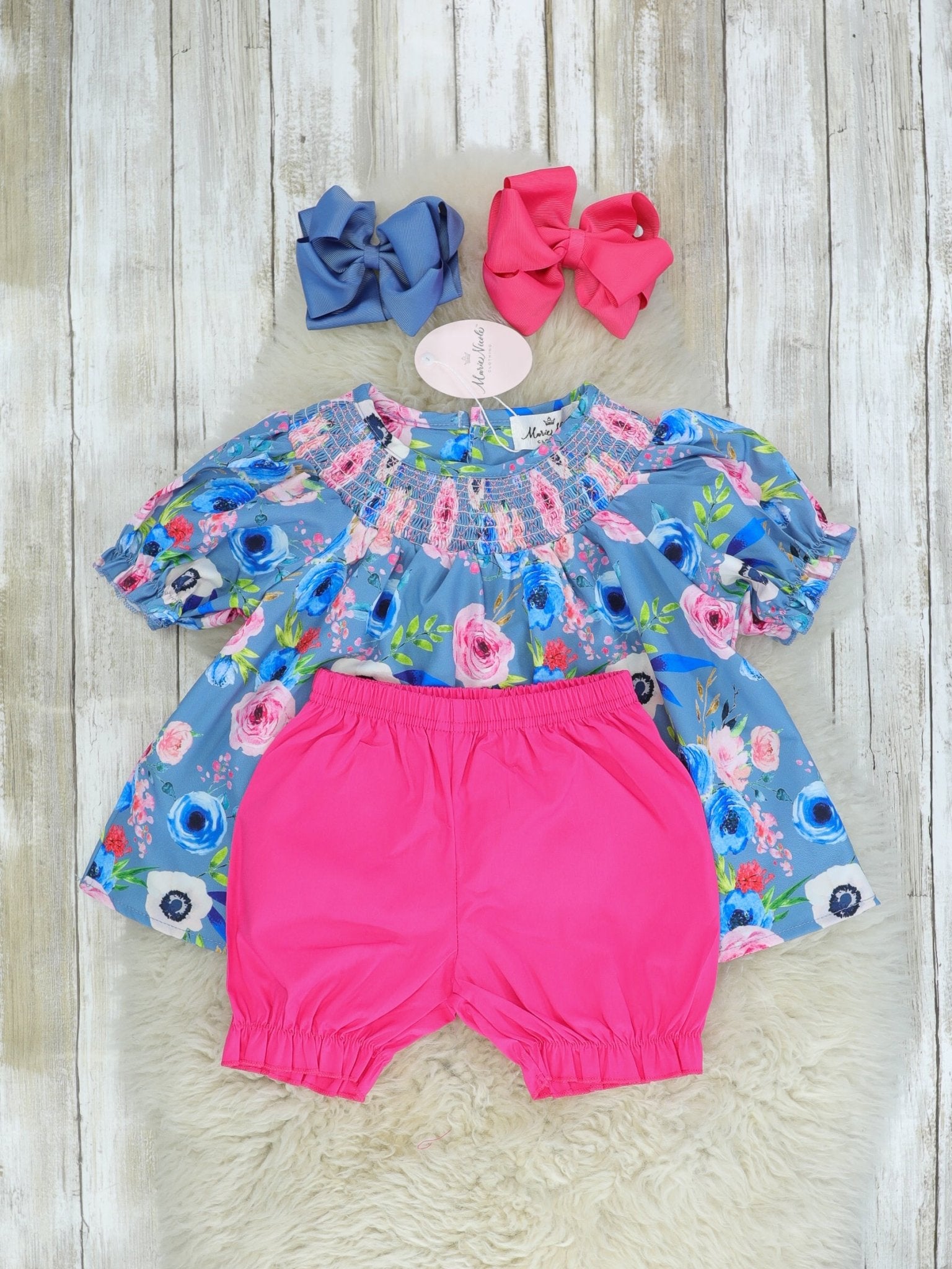Blue Rose Swing Top & Pink Bottoms Outfit - Marie Nicole Clothing