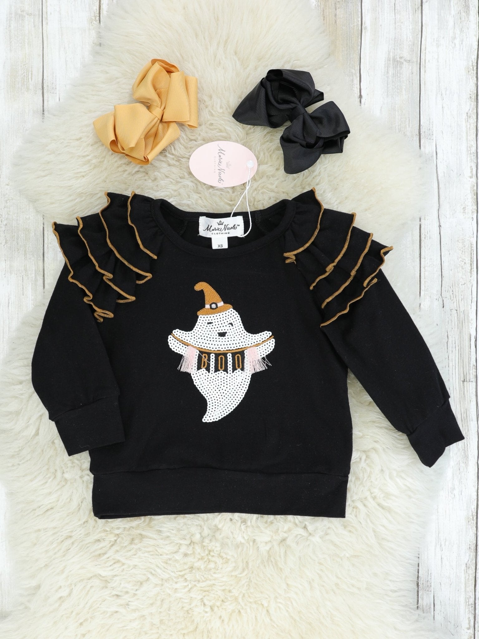 Black Sequin "BOO" Banner Ghost Ruffle Top - Marie Nicole Clothing