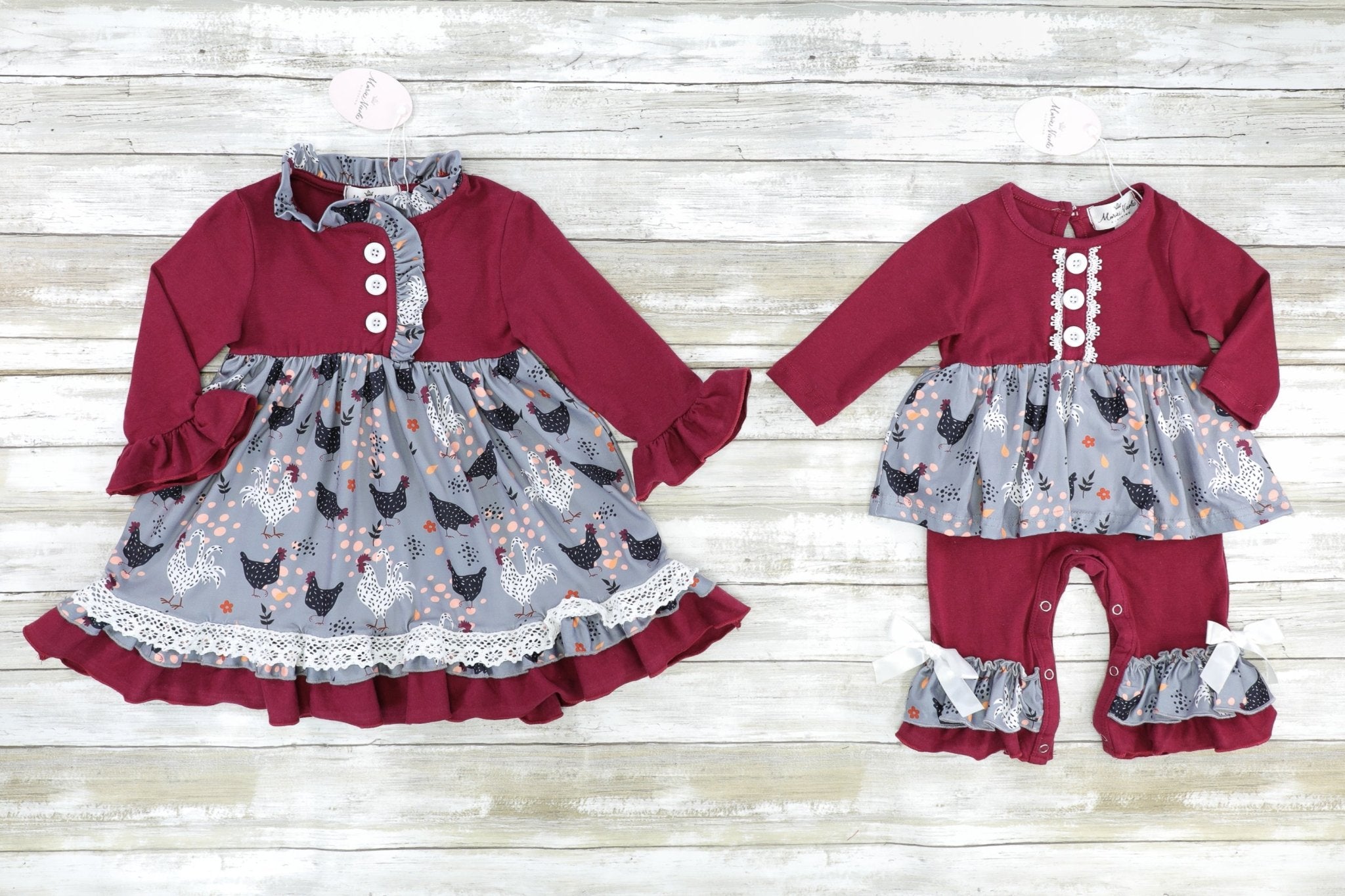 Maroon & Grey Chicken Ruffle Romper - Marie Nicole Clothing