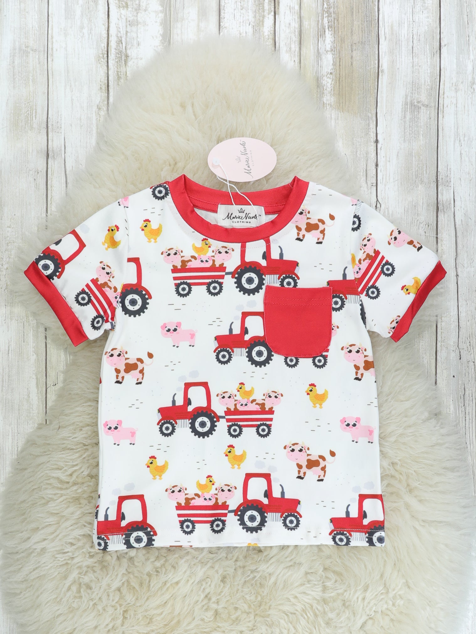 Red Farm Tractor Pocket T-Shirt - Marie Nicole Clothing