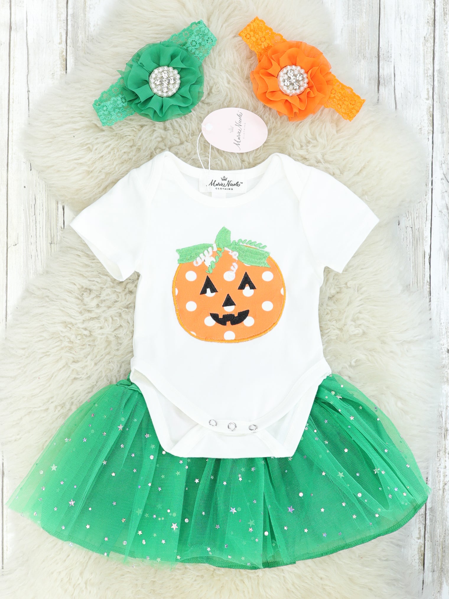 Polka Dot Pumpkin Romper & Green Tulle Skirt - Marie Nicole Clothing