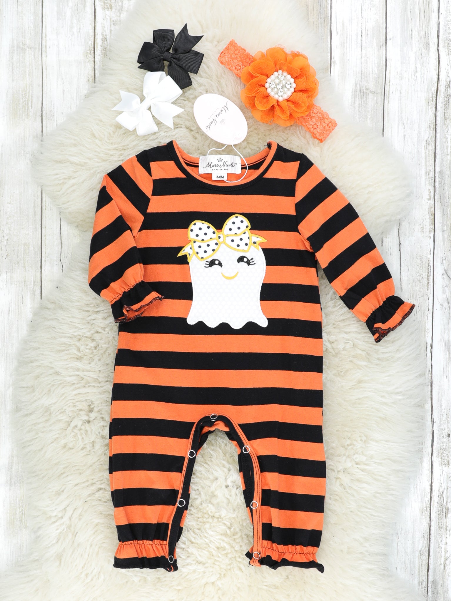 Orange Striped Bow Ghost Ruffle Romper - Marie Nicole Clothing