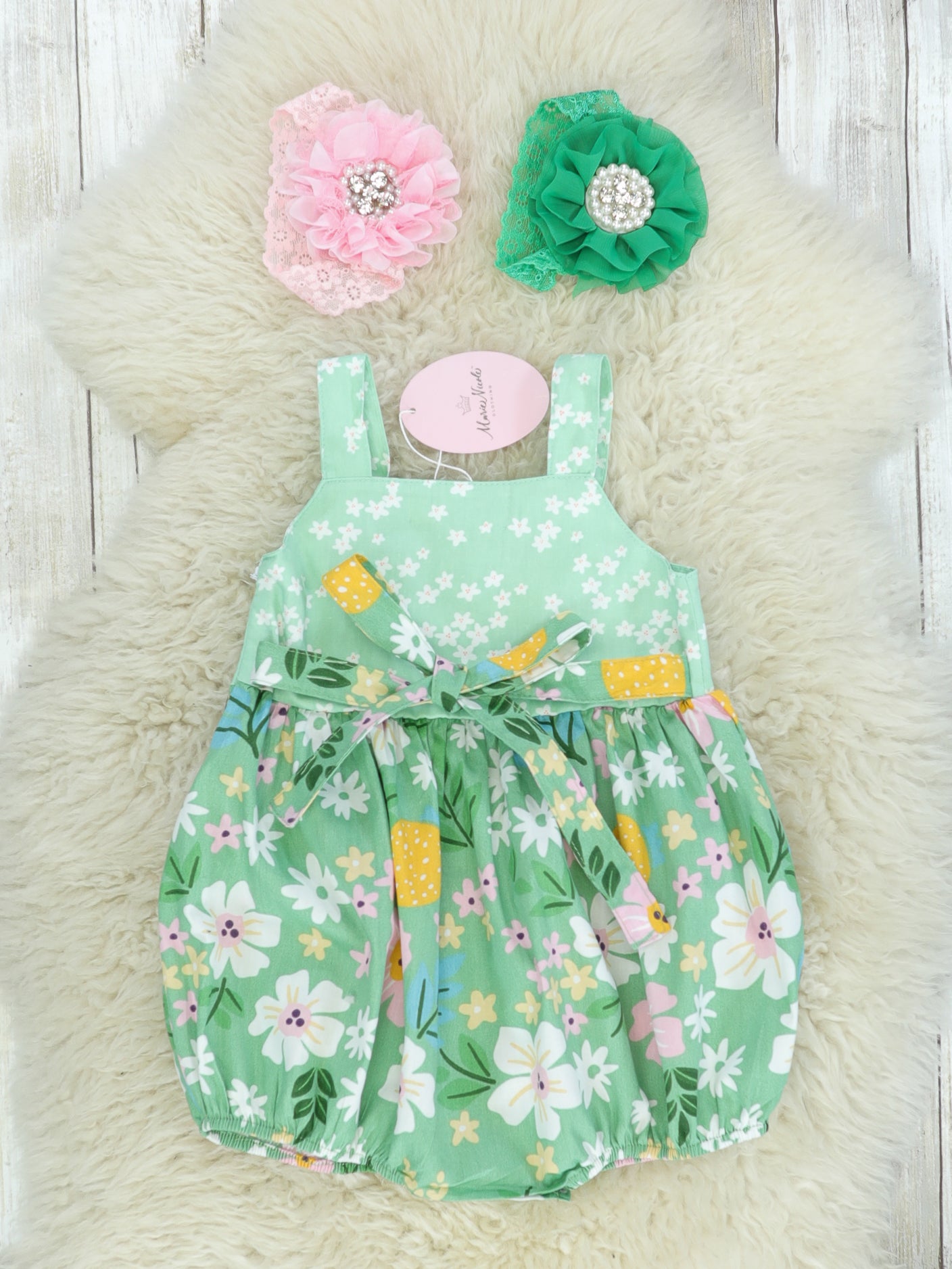 Green & Pink Floral Apron Romper - Marie Nicole Clothing
