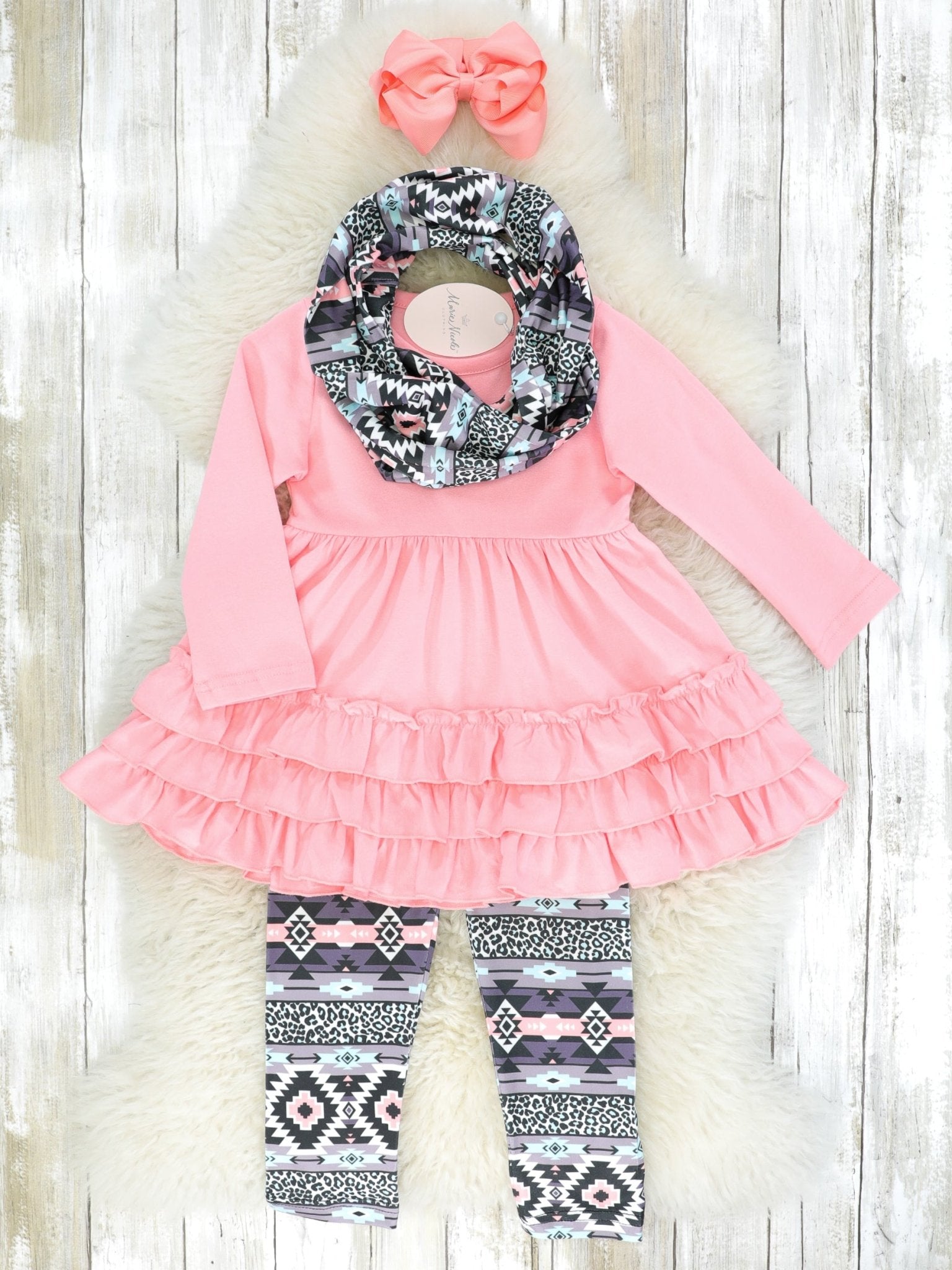 Pink Ruffle Peplum Top & Aztec Bottoms w/ Scarf - Marie Nicole Clothing