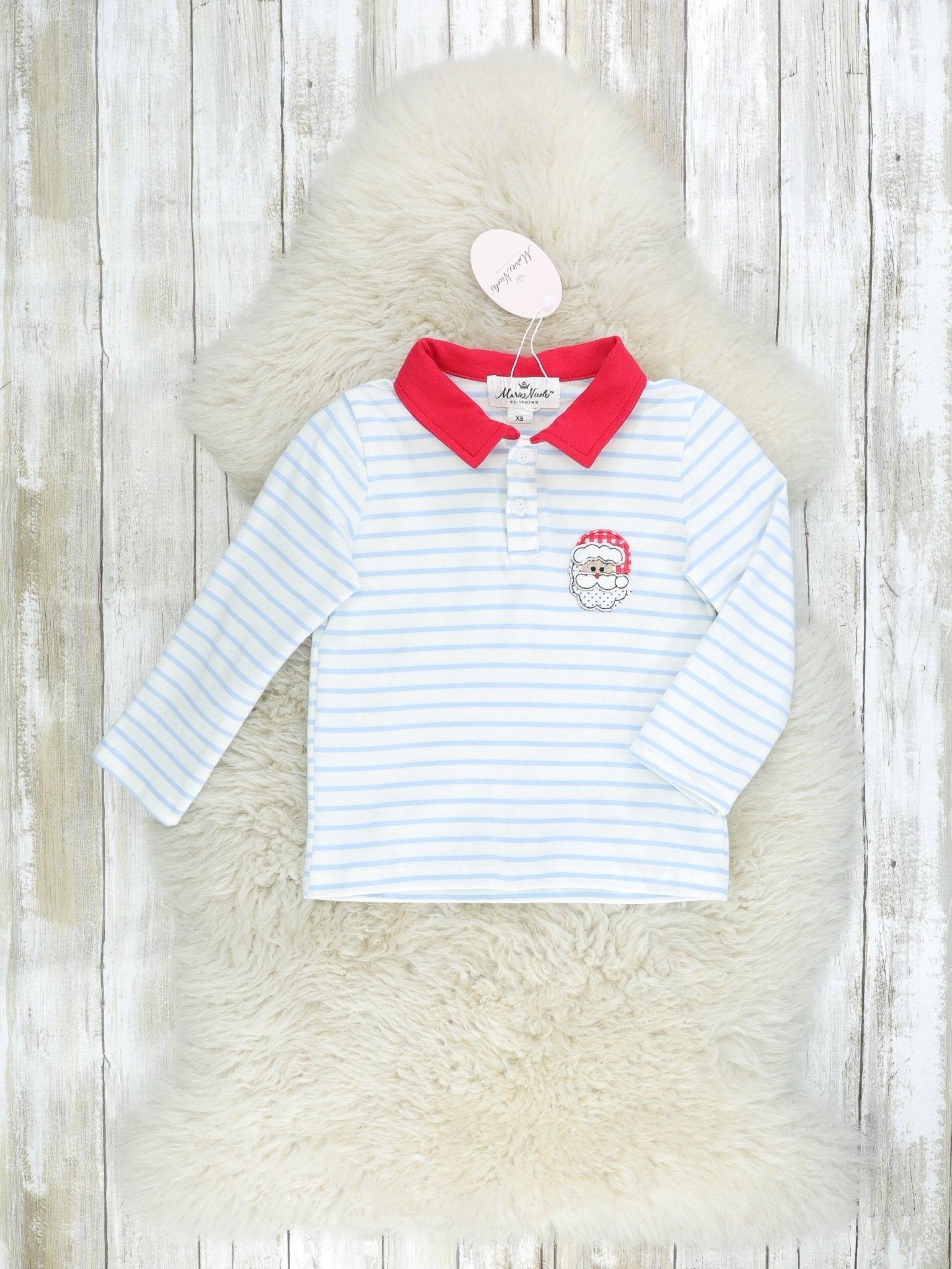 Light Blue Striped Santa Polo - Marie Nicole Clothing