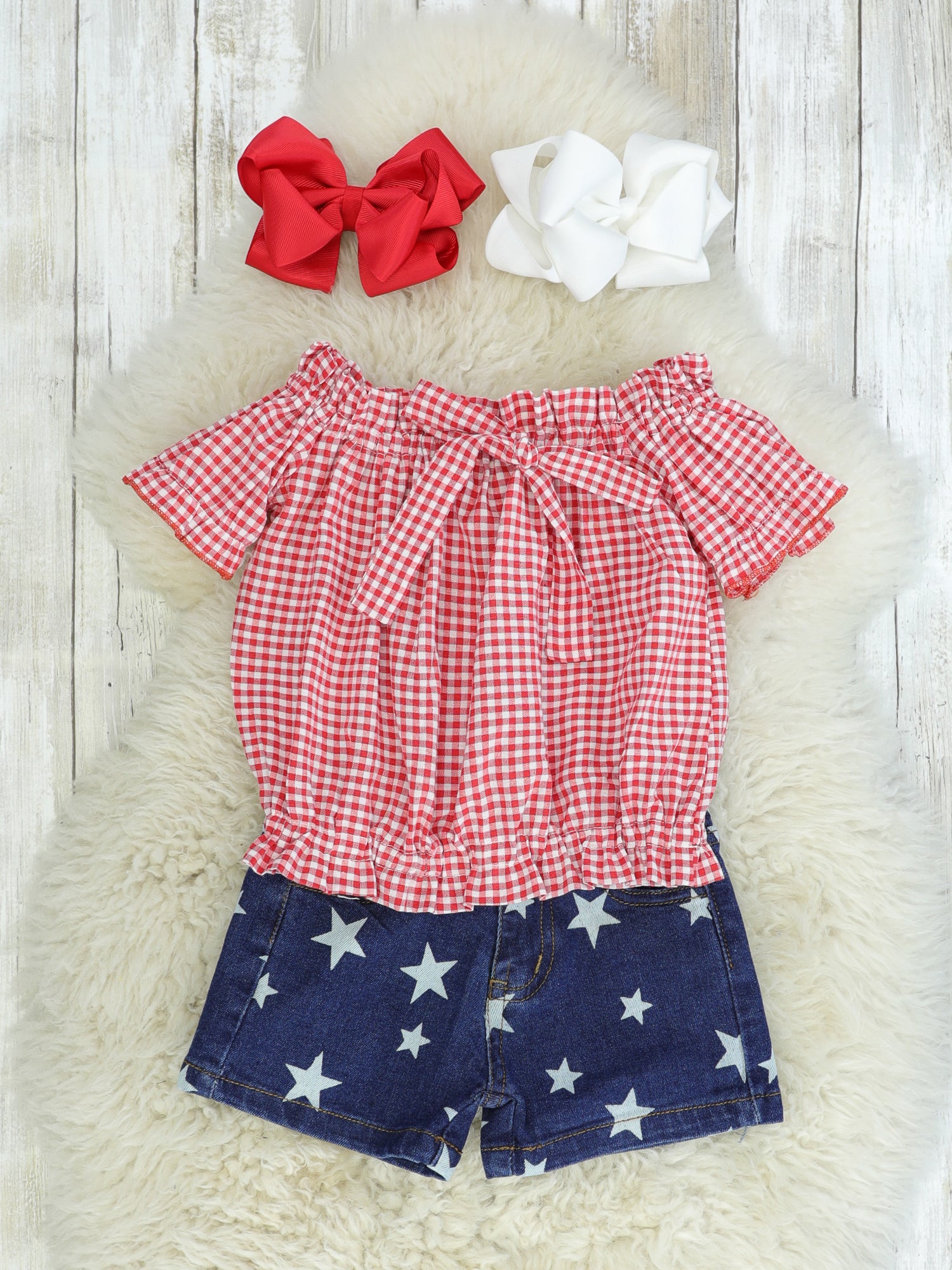 Red Tie Top & Star Denim Shorts Outfit - Marie Nicole Clothing