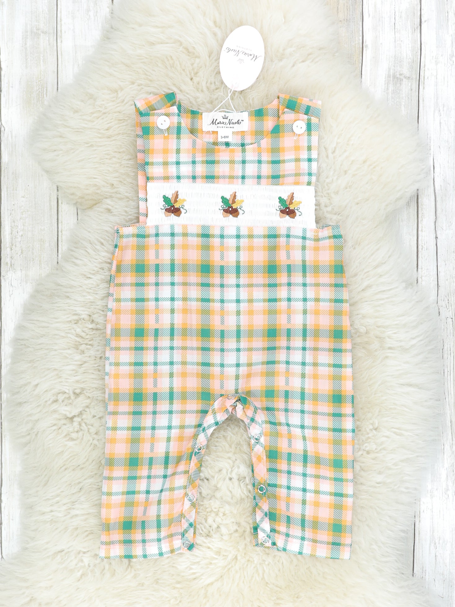 Plaid Acorn Smocked Johnny - Marie Nicole Clothing