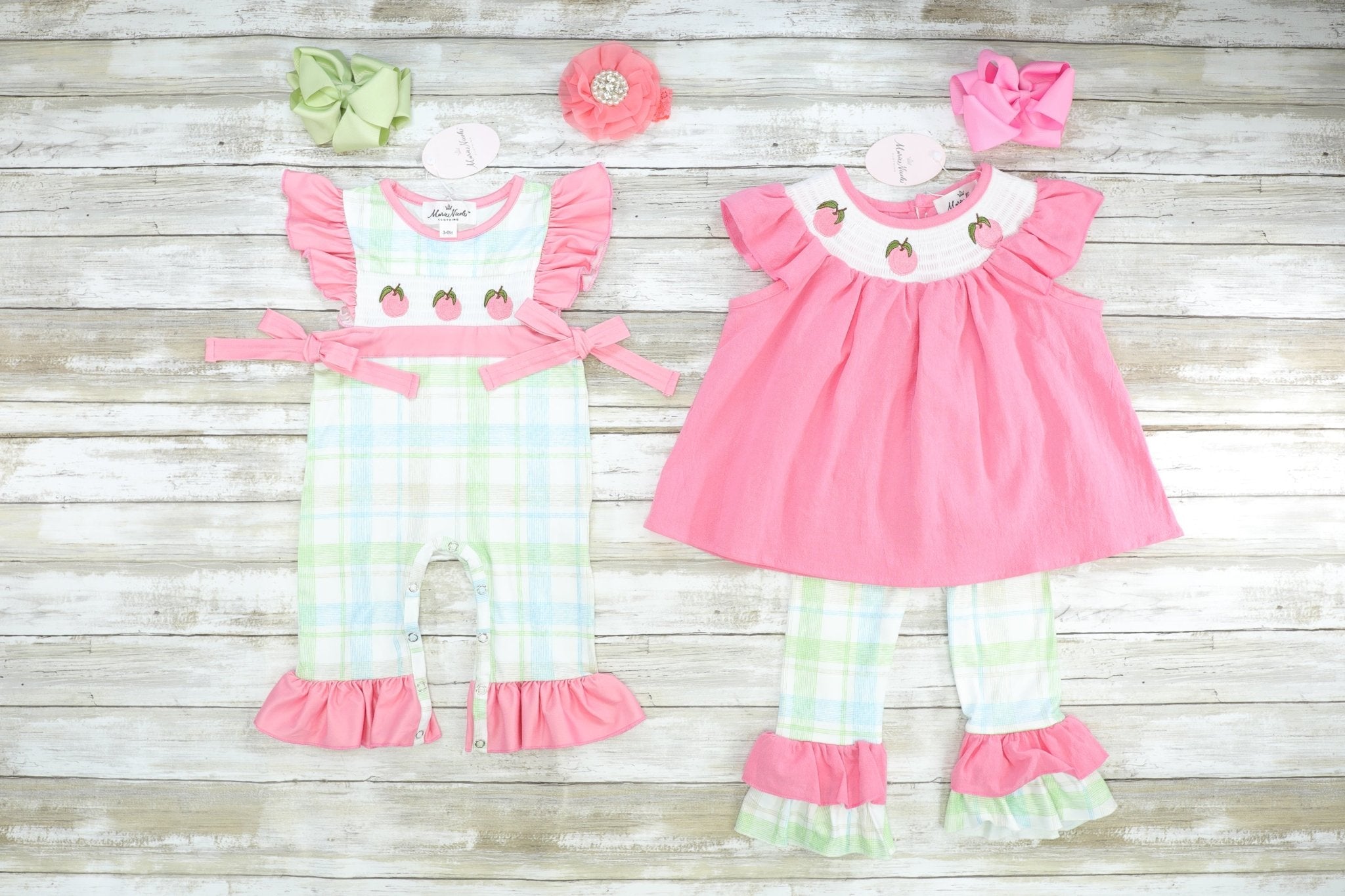Smocked Peach Plaid Romper - Marie Nicole Clothing