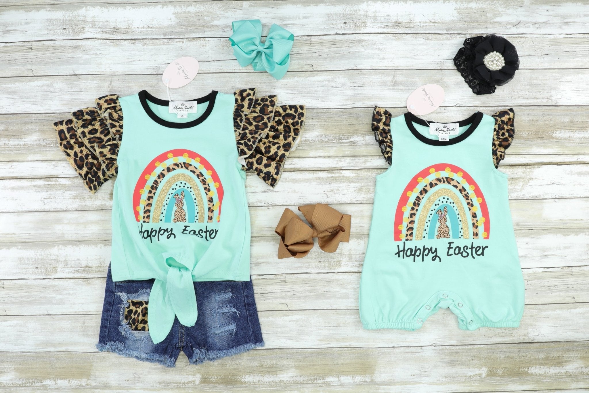 "Happy Easter" Rainbow Ruffle Leopard Denim Outfit - Marie Nicole Clothing