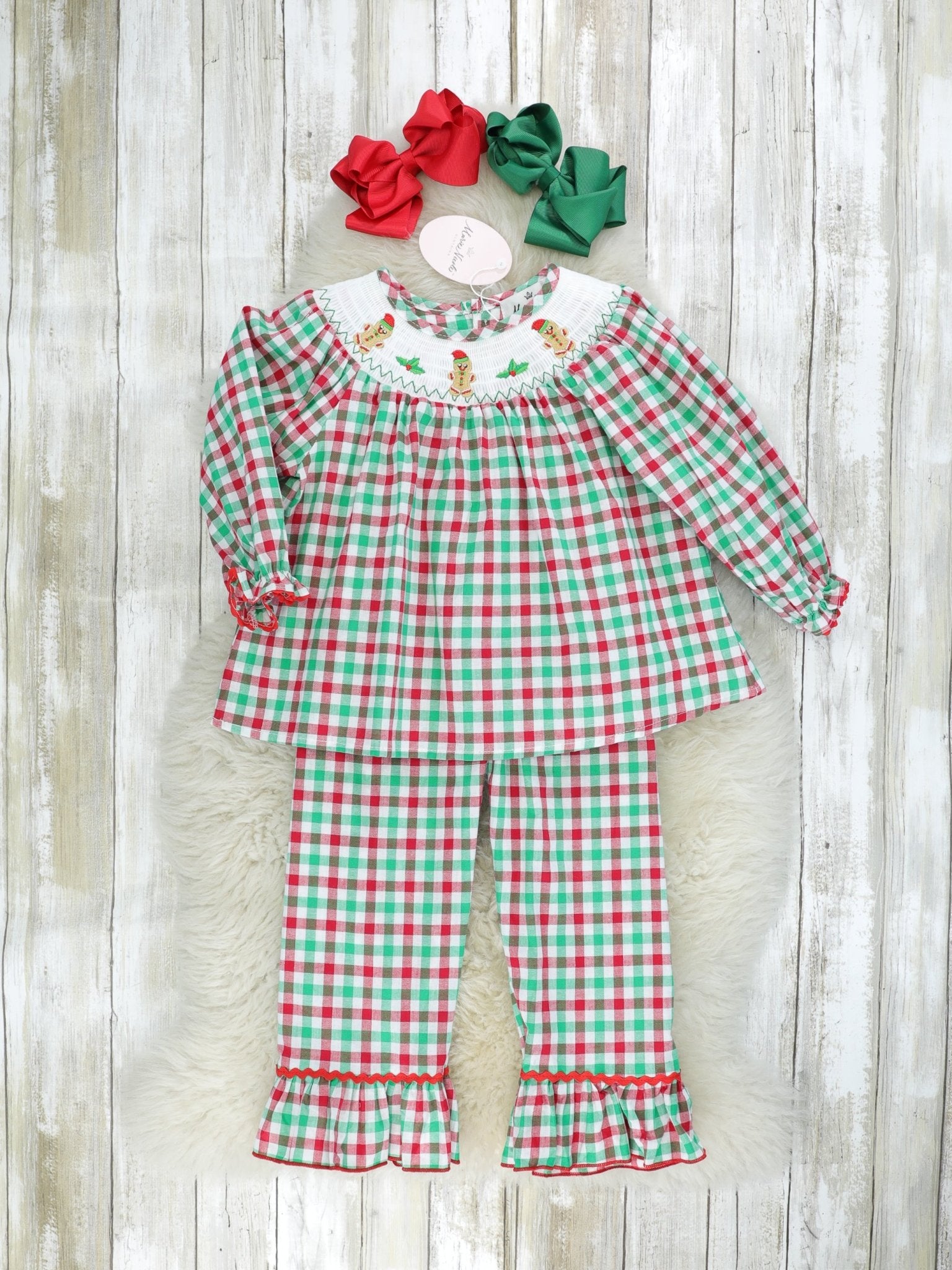 Red & Green Gingerbread Smocked Ruffle Outfit - Marie Nicole Clothing