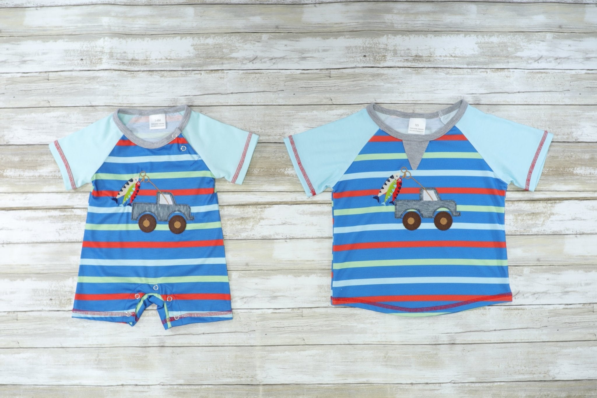 Fishing Truck Striped Romper - Marie Nicole Clothing