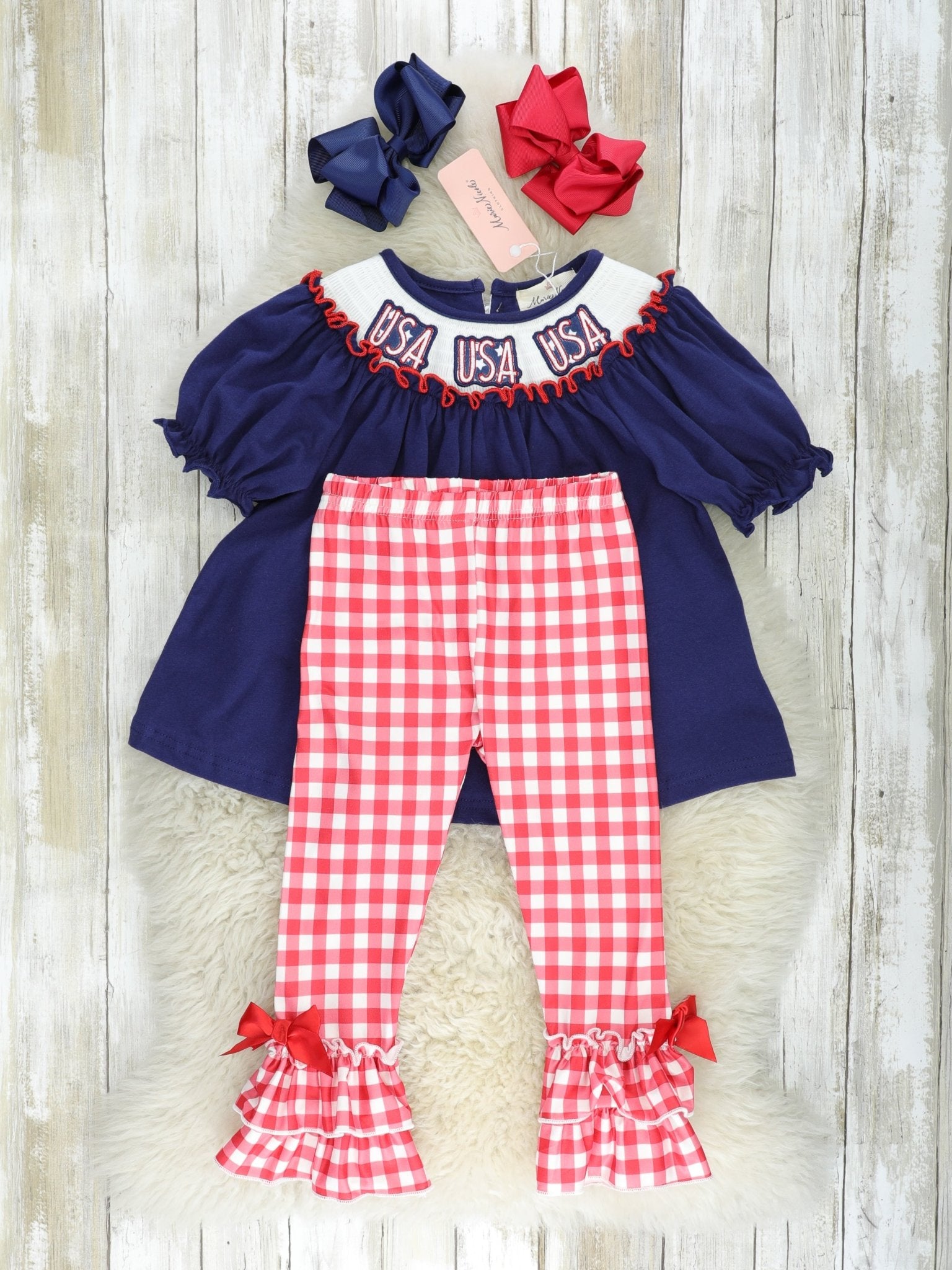 "USA" Smocked Gingham Outfit - Marie Nicole Clothing