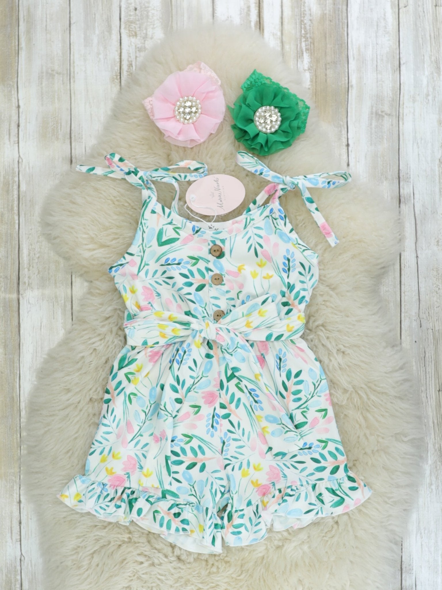 Green, Blue, & Pink Floral Romper - Marie Nicole Clothing