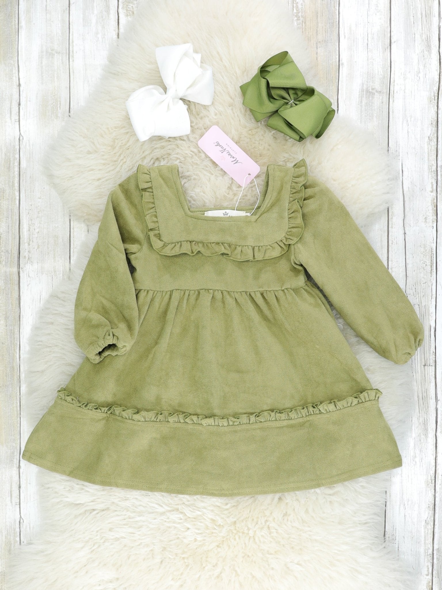 Army Green Suede Square Neck Ruffle Dress - Marie Nicole Clothing
