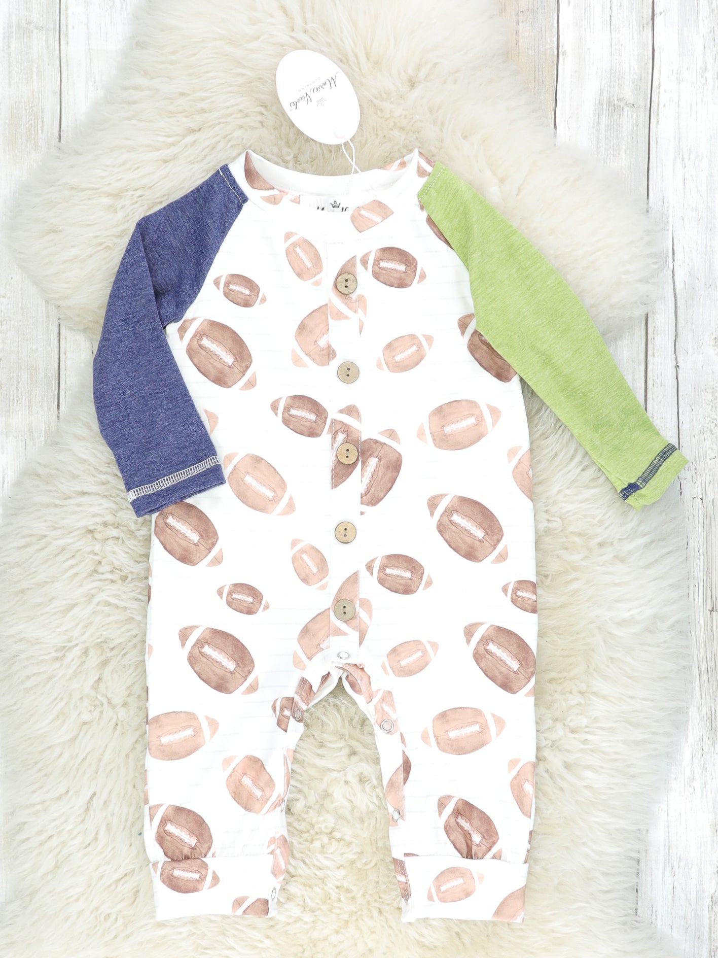 Navy & Green Football Button Romper - Marie Nicole Clothing