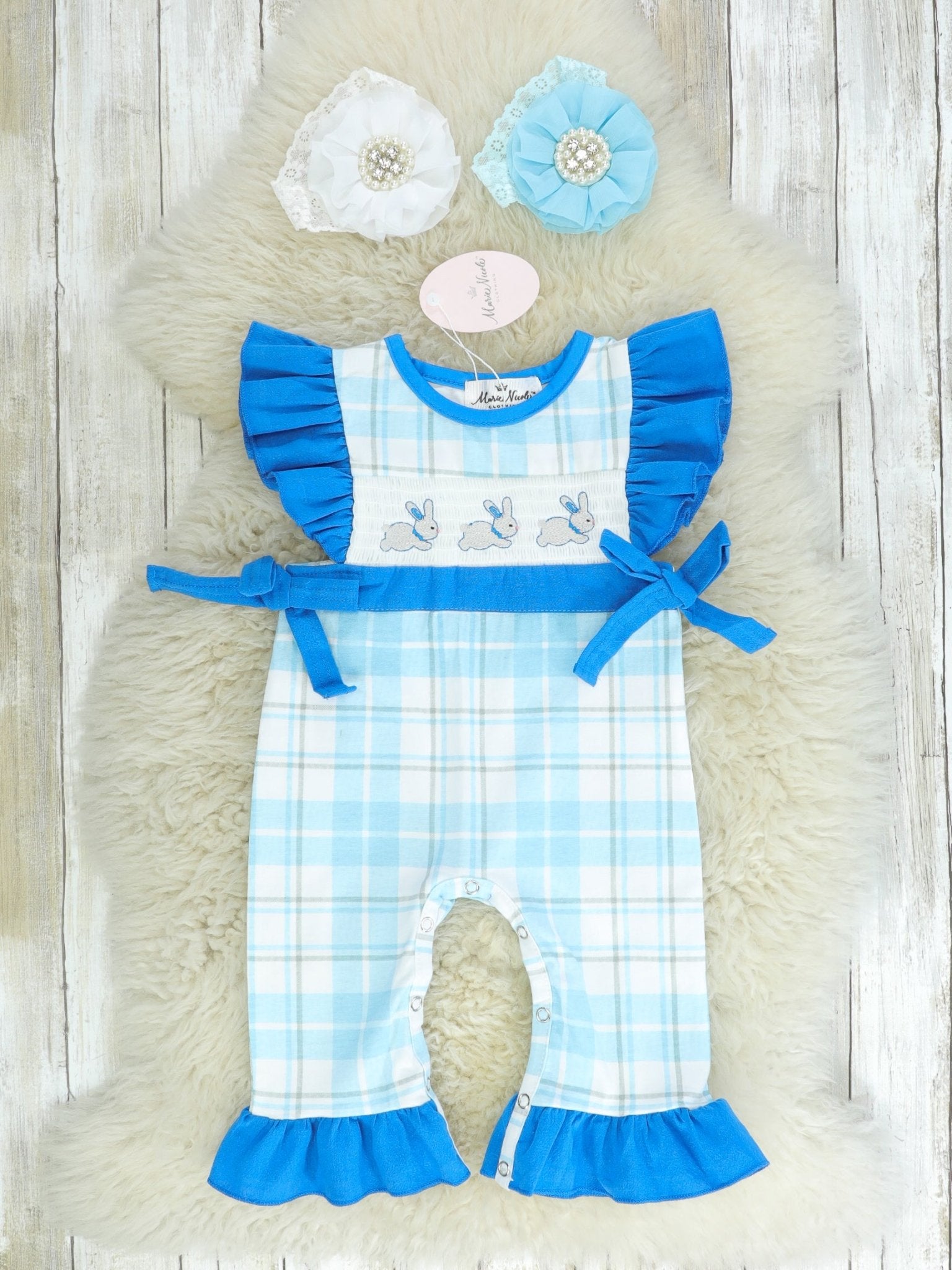 Blue Smocked Easter Bunny Ruffle Romper - Marie Nicole Clothing