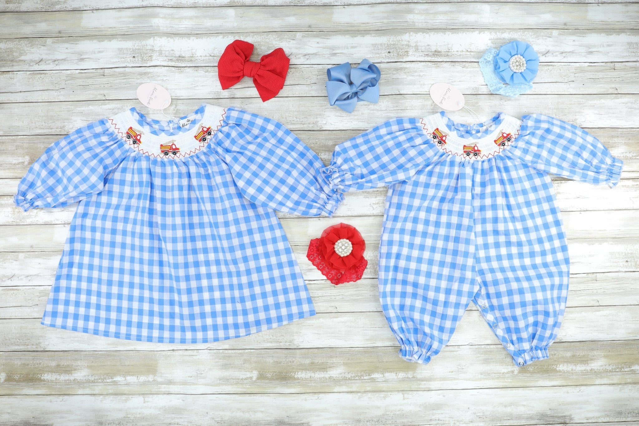Blue Check Fire Truck Smocked Dress - Marie Nicole Clothing