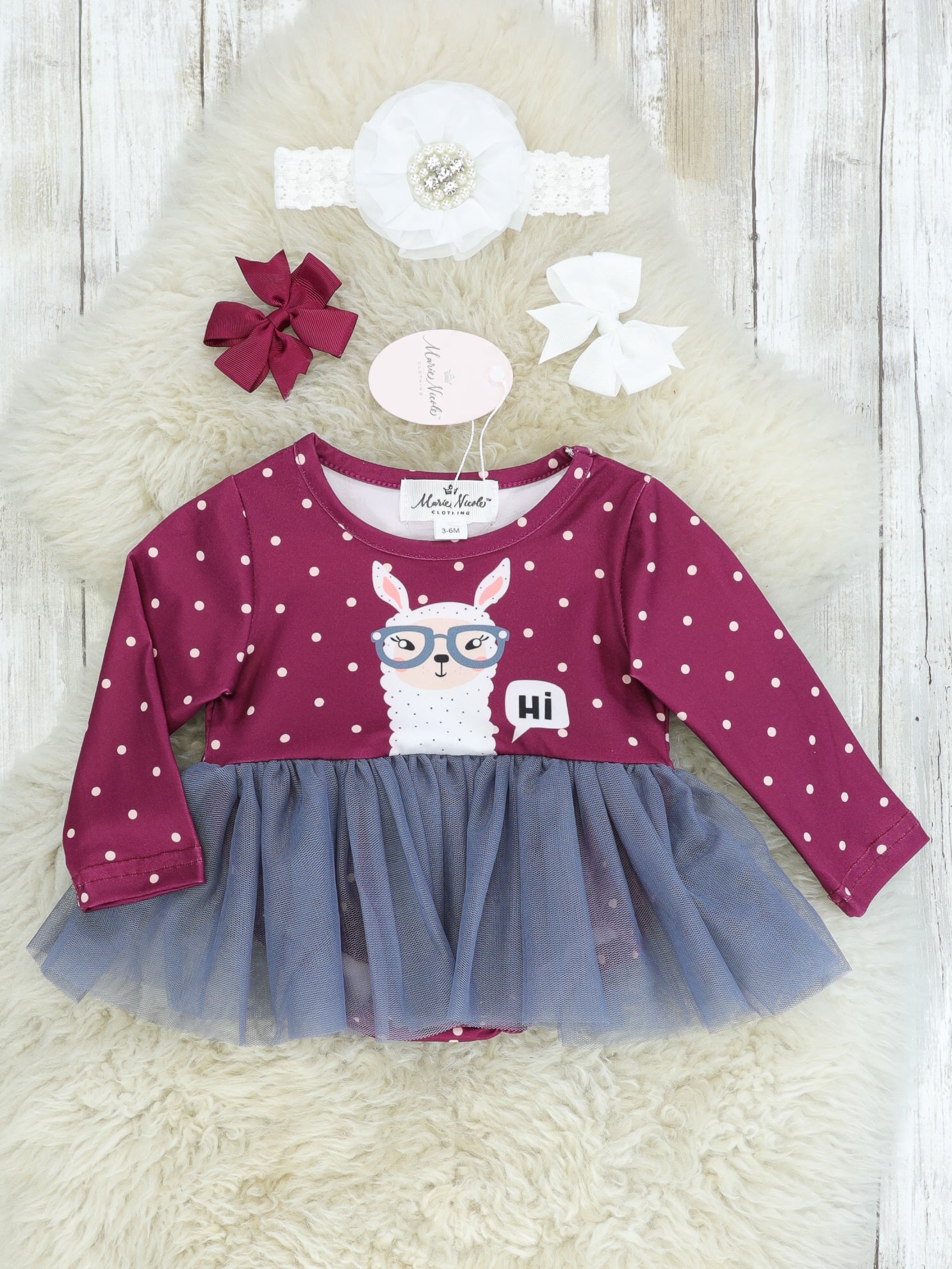 Mulberry & Pink Polka Dot "Hi" Llama Tulle Romper - Marie Nicole Clothing