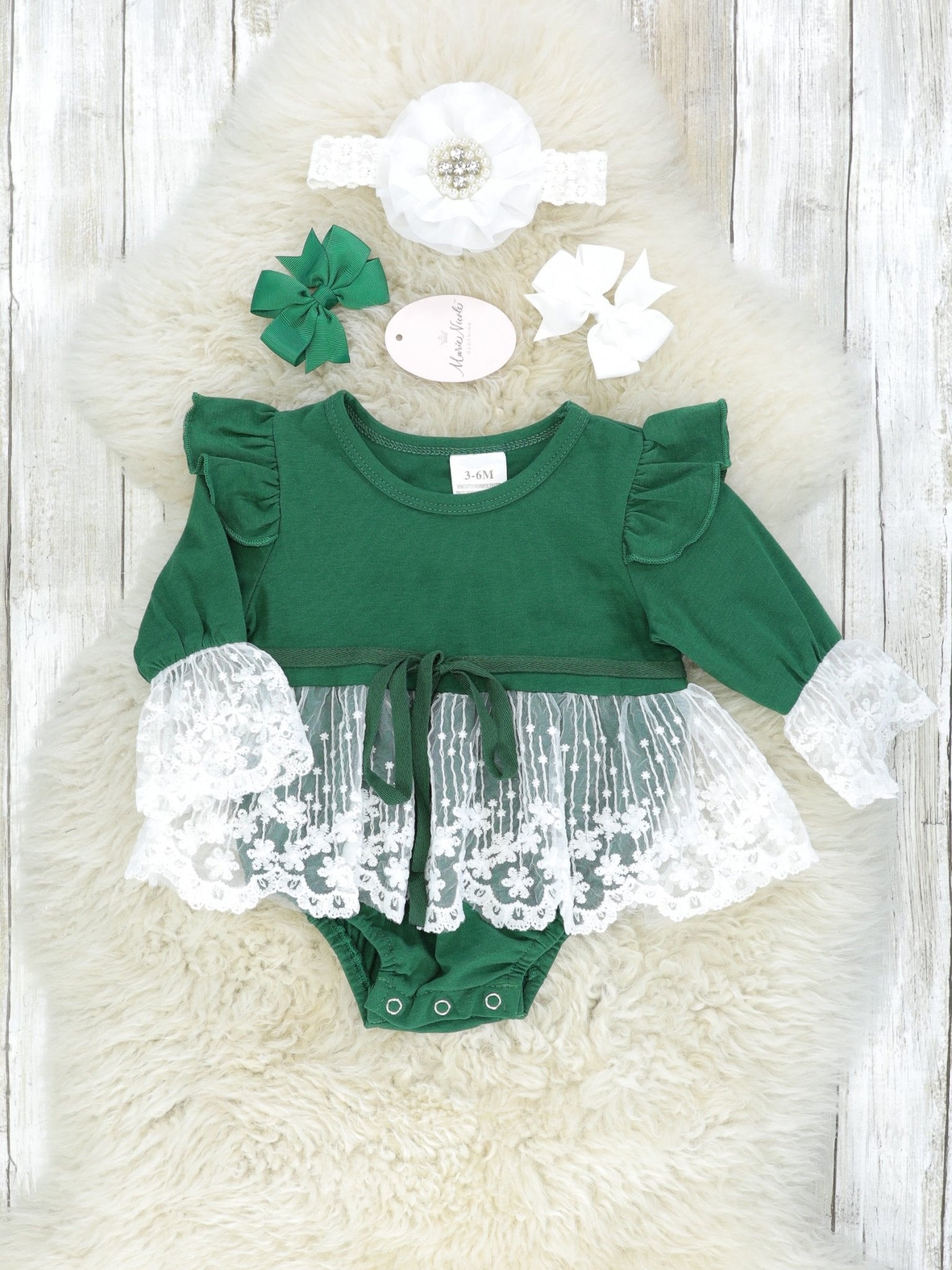 Hunter Green Lace Dress Bubble Romper - Marie Nicole Clothing