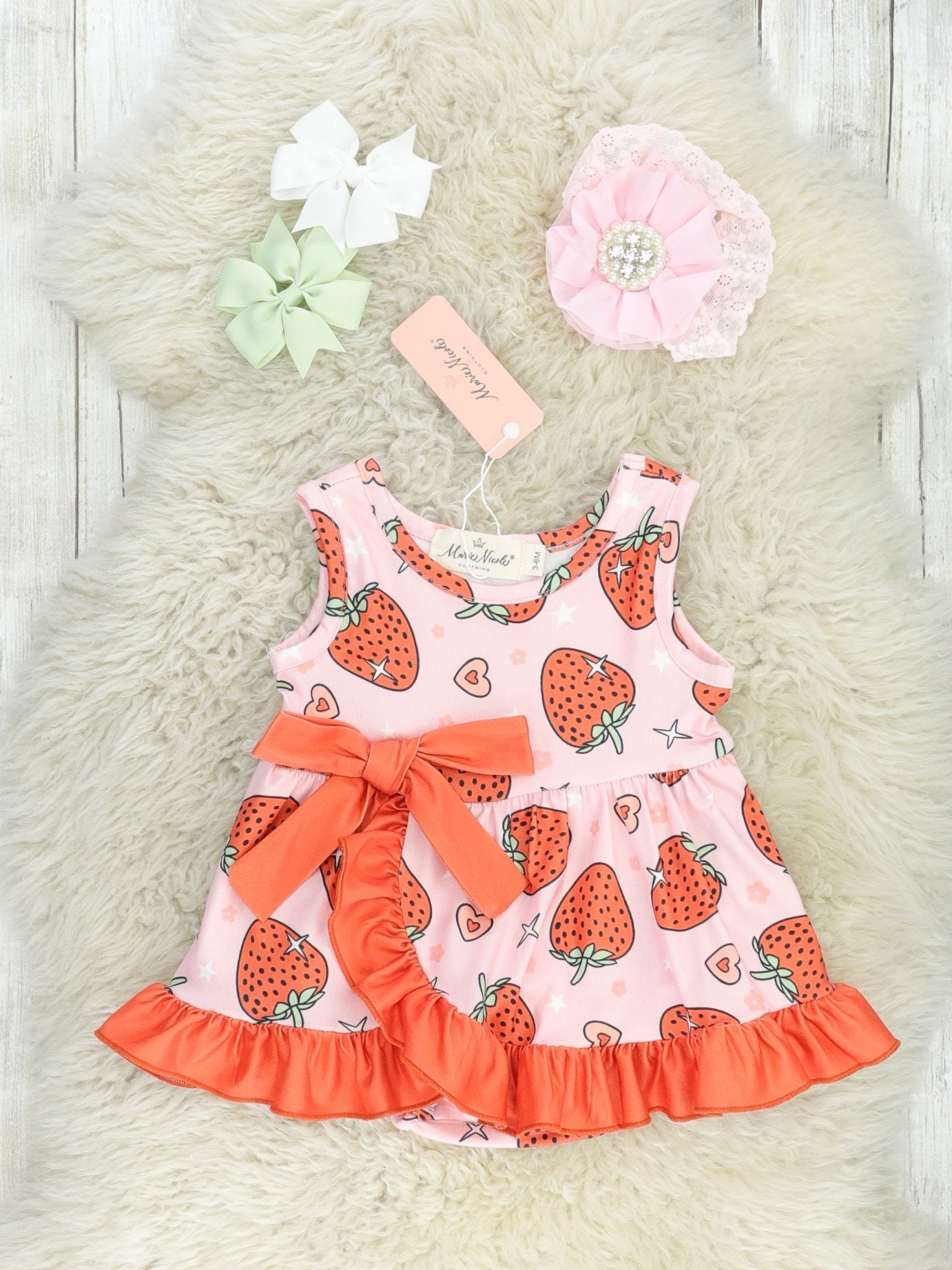 Pink & Red Strawberry Ruffle Dressy Bubble Romper - Marie Nicole Clothing