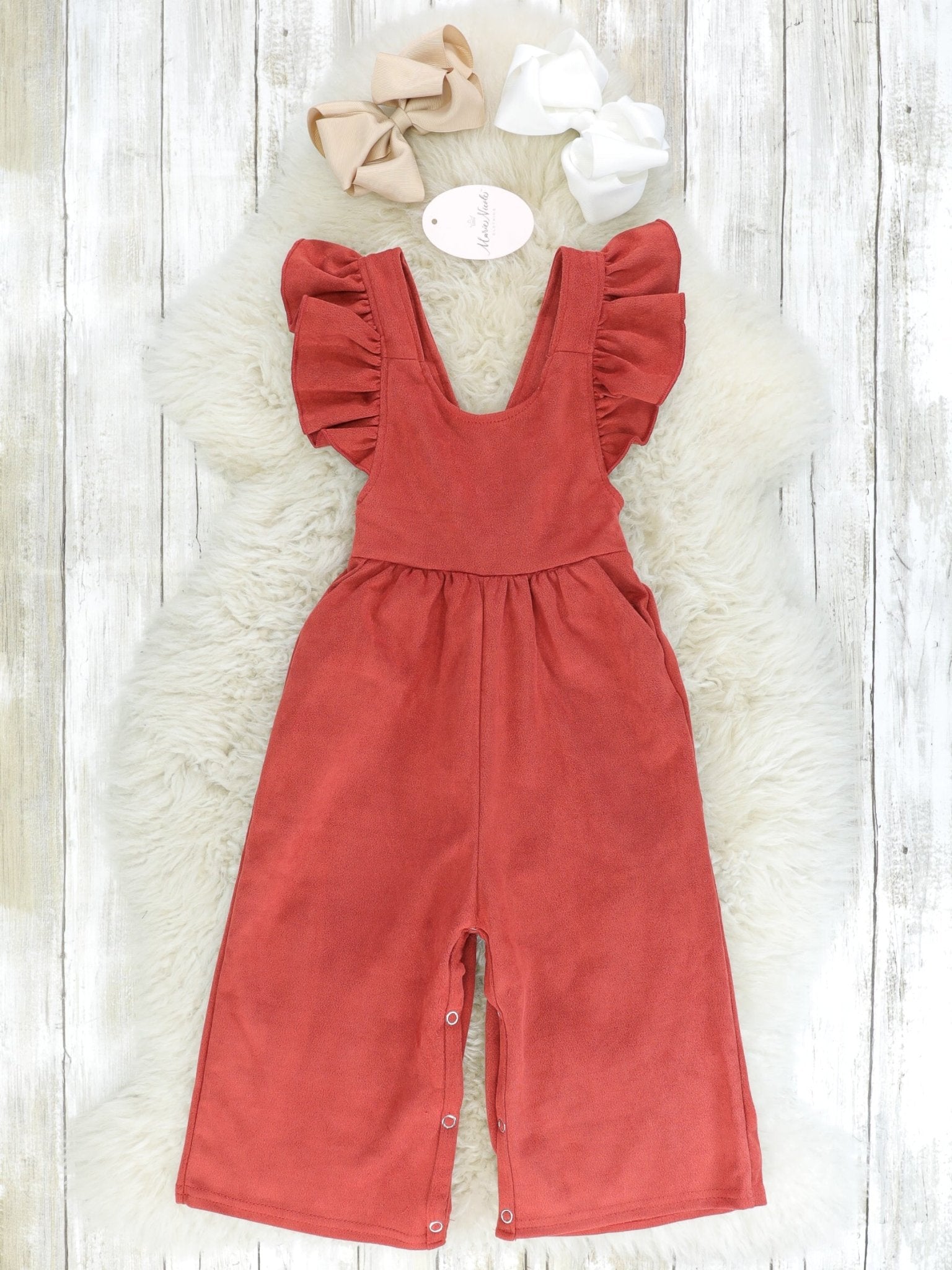 Suede Ruffle Cross Back Button Romper - Multiple Colors - Marie Nicole Clothing