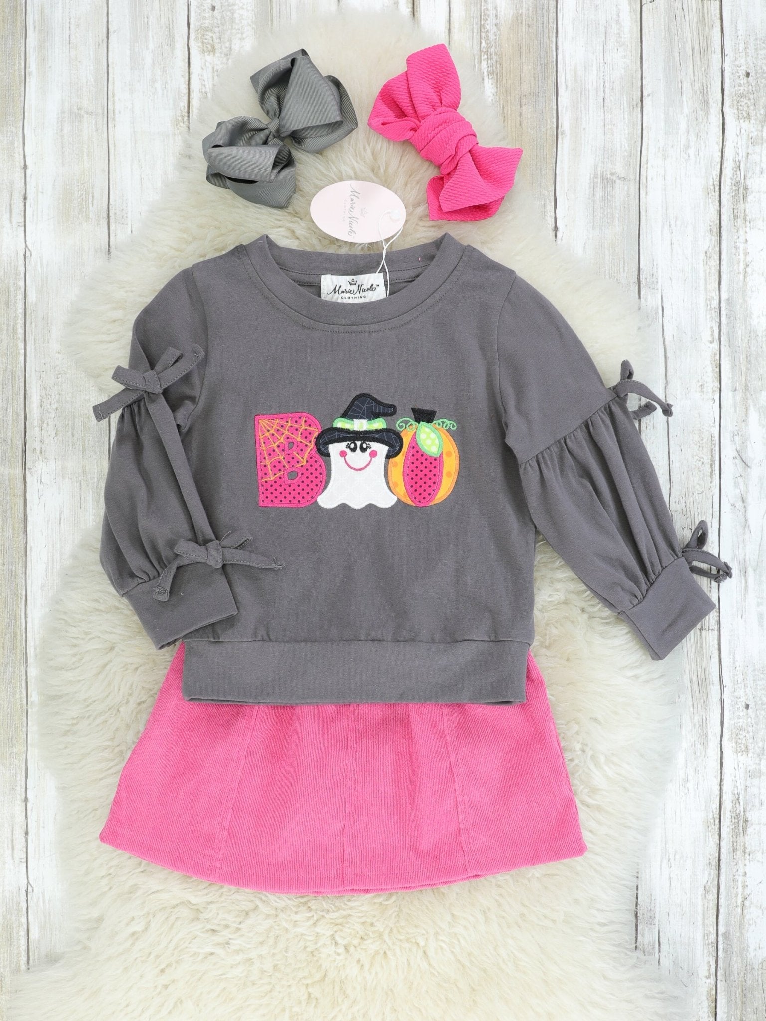 Grey "BOO" Long Sleeve & Fuchsia Skirt Outfit - Marie Nicole Clothing