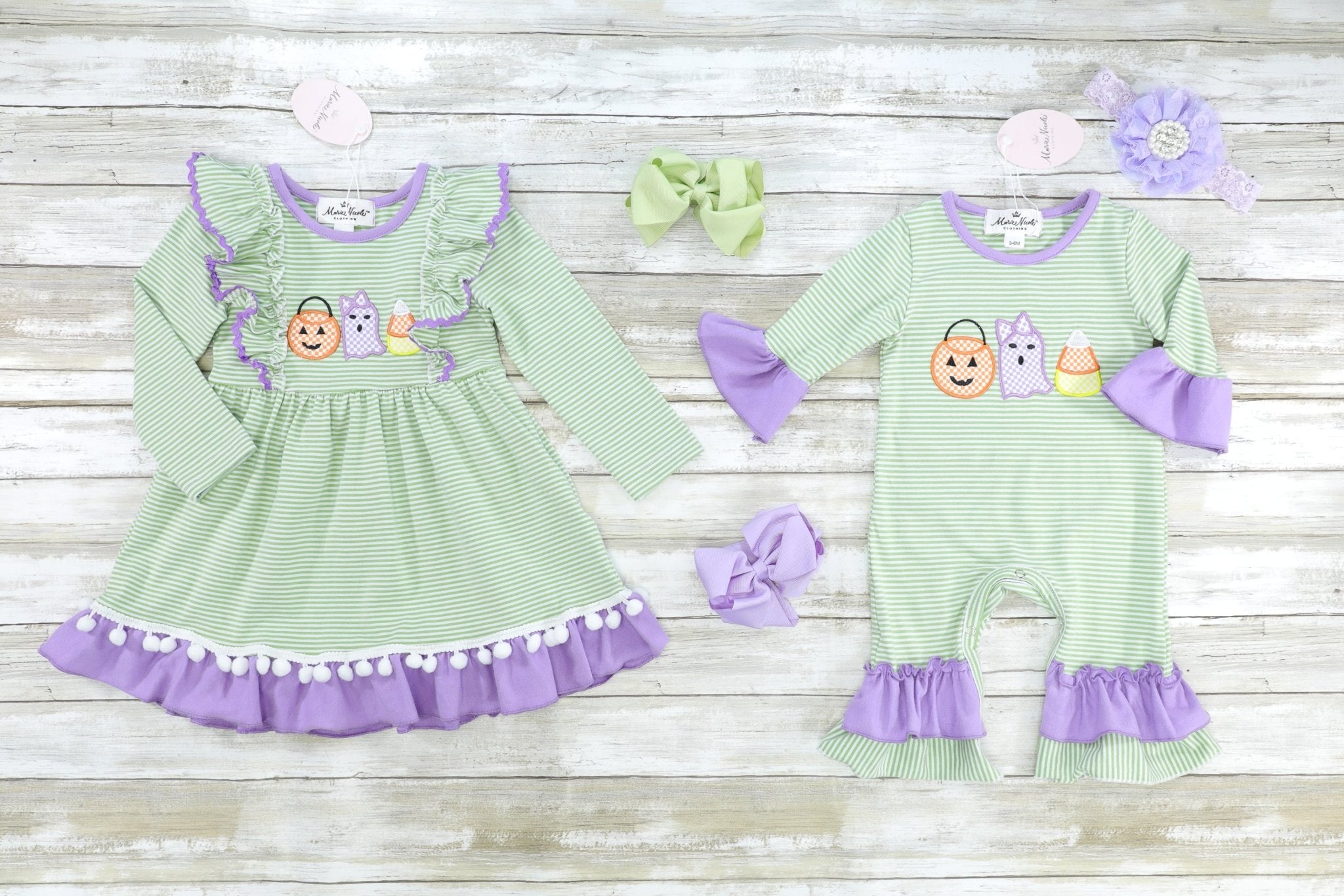 Green & Purple Halloween Pom Pom Dress - Marie Nicole Clothing