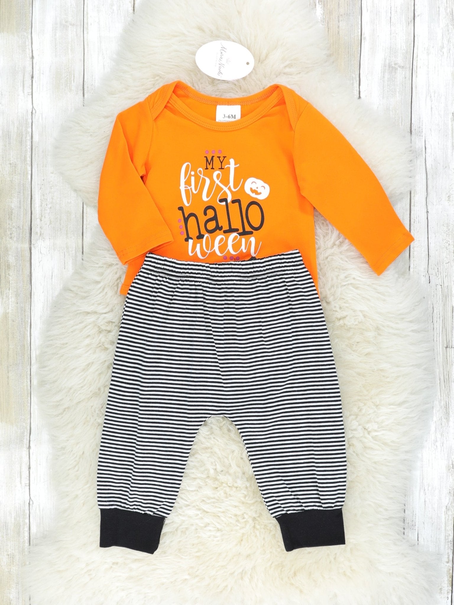 Orange "My First Halloween" Onesie & Striped Joggers Outfit - Marie Nicole Clothing