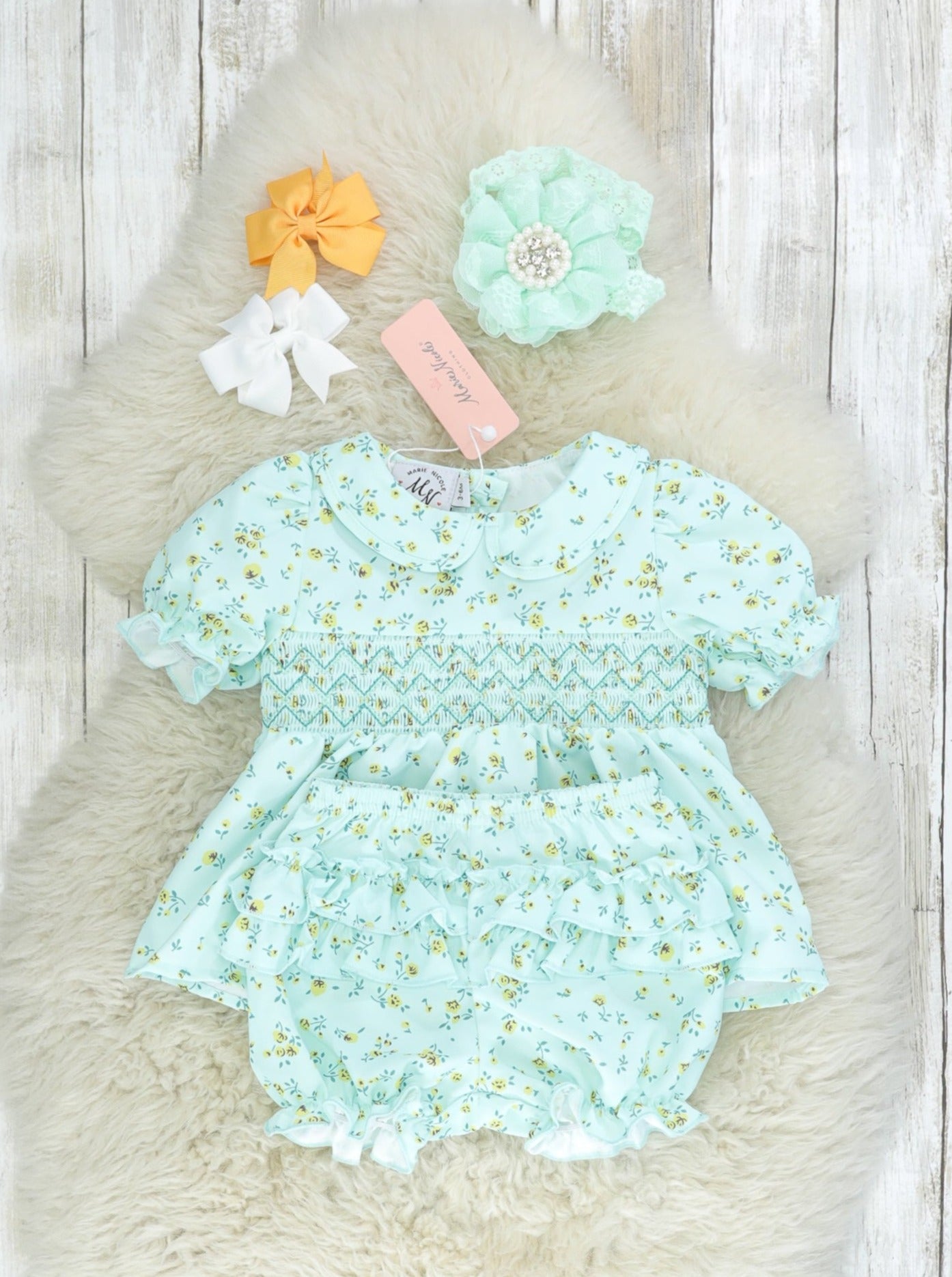 Mint Smocked Floral Top & Bloomers Outfit - Marie Nicole Clothing