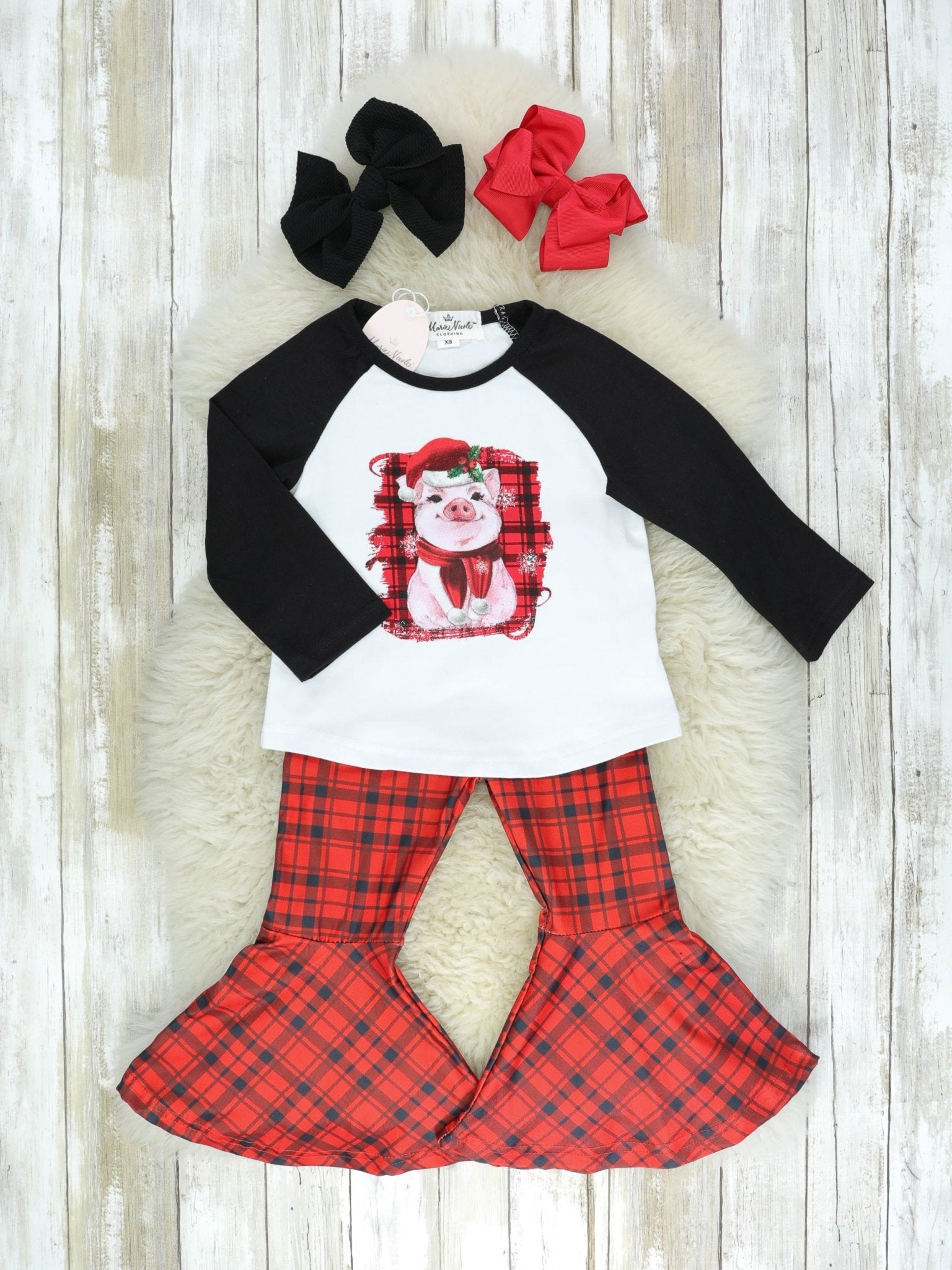 Plaid Piggy Raglan Bell Bottoms Outfit - Marie Nicole Clothing