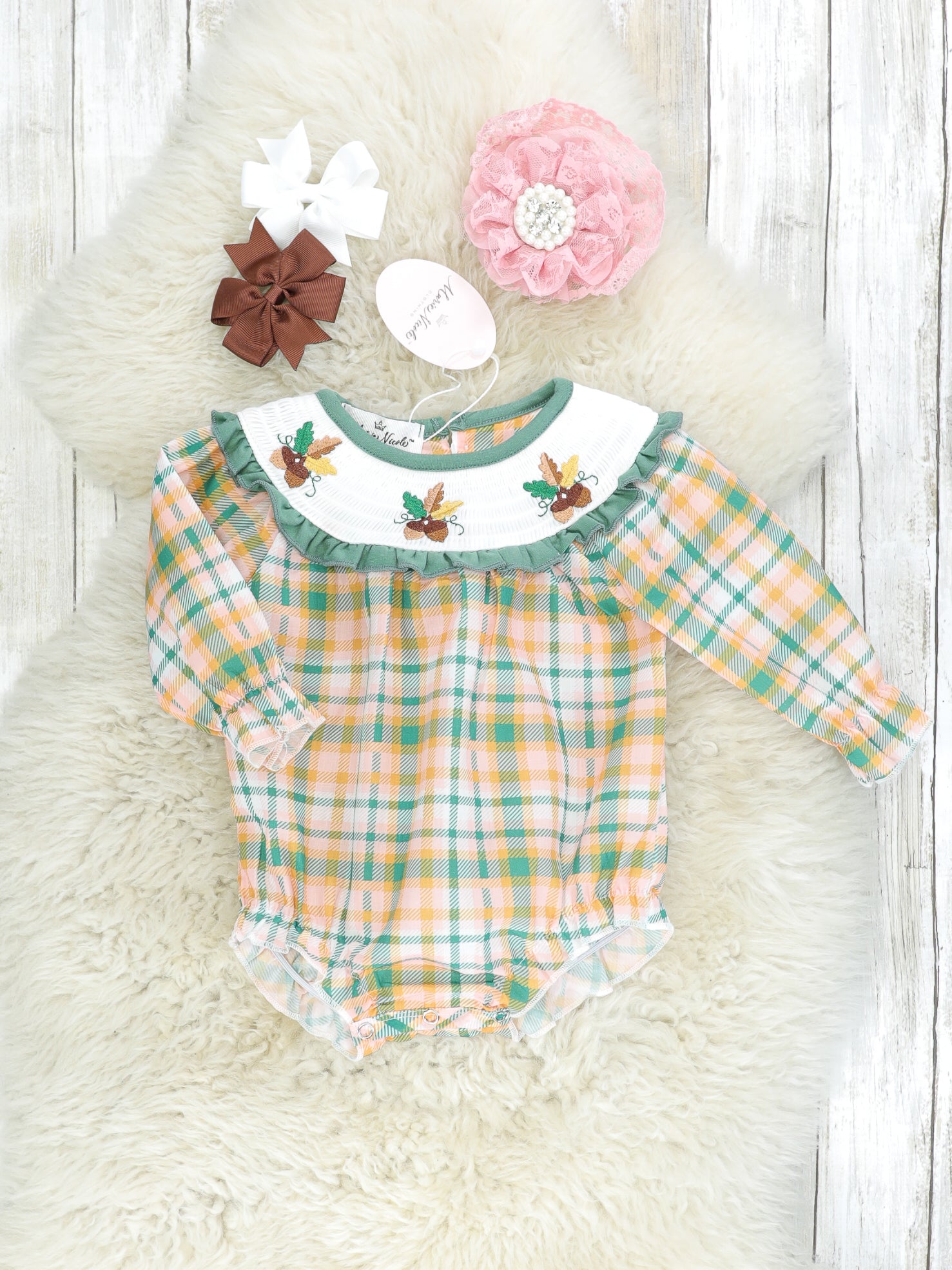 Plaid Acorn Smocked Ruffle Romper - Marie Nicole Clothing