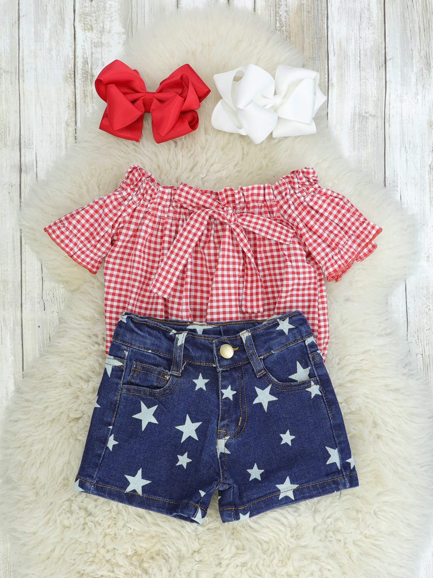 Red Tie Top & Star Denim Shorts Outfit - Marie Nicole Clothing