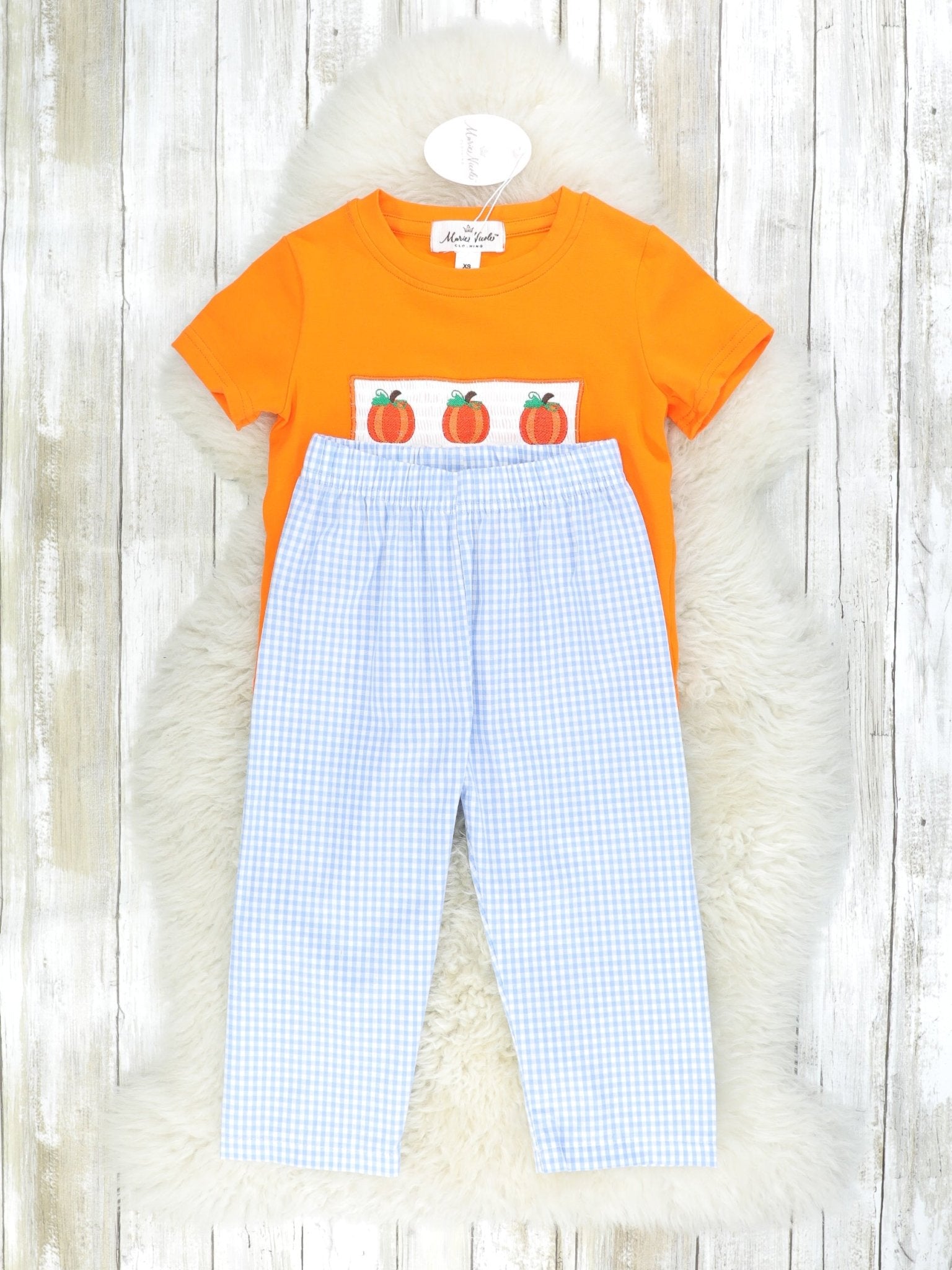 Orange Smocked Pumpkin Top & Checked Bottoms Outfit - Marie Nicole Clothing