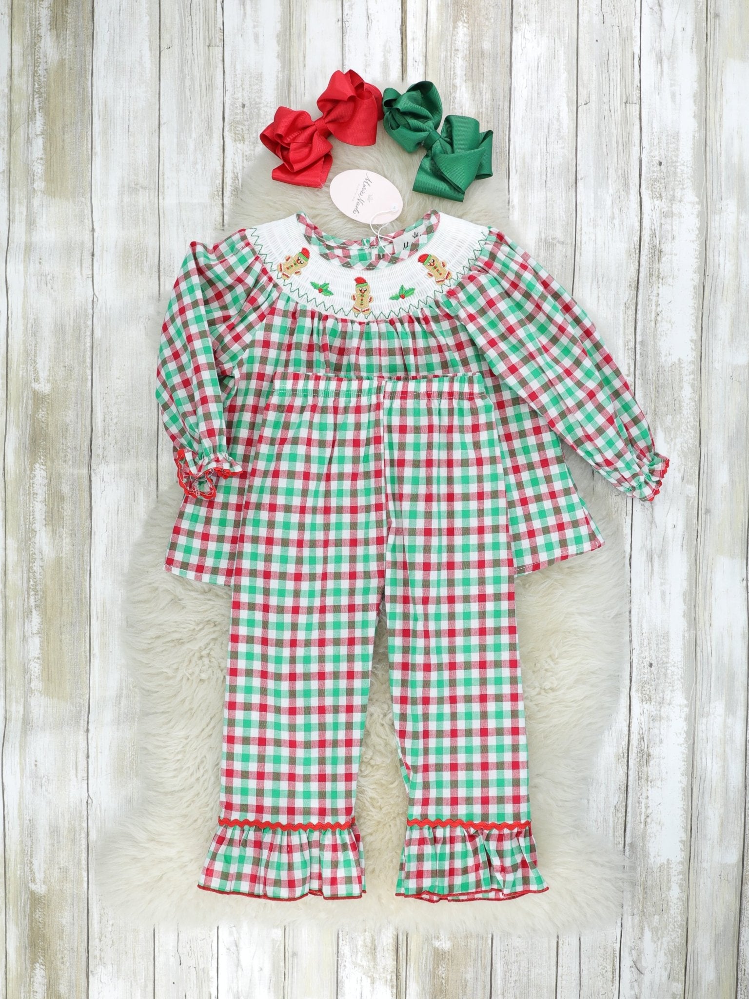 Red & Green Gingerbread Smocked Ruffle Outfit - Marie Nicole Clothing