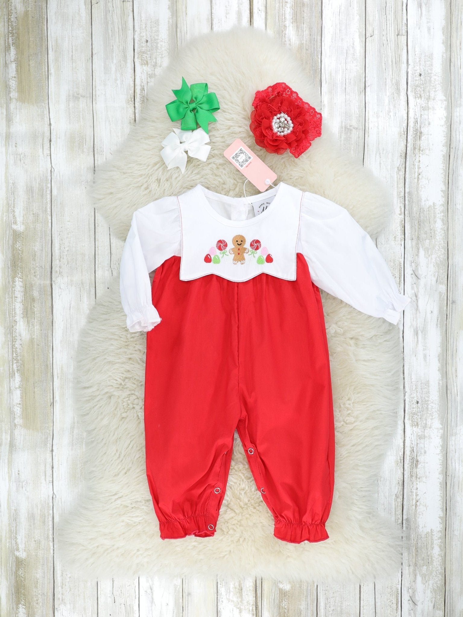 Red Gingerbread Bib Collar Romper - Marie Nicole Clothing