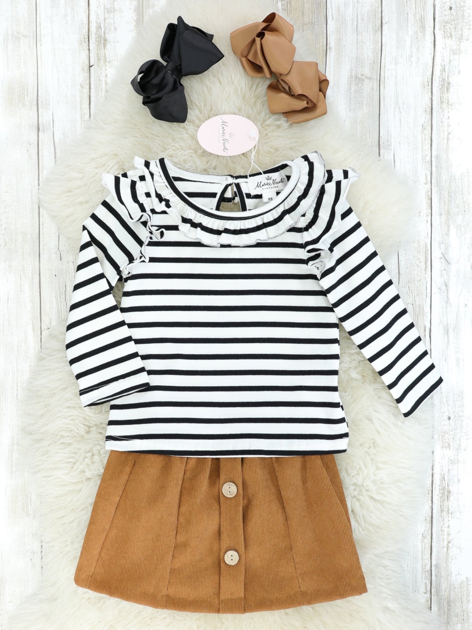 Striped Ruffle Long Sleeve Top & Brown Button Skirt Outfit - Marie Nicole Clothing